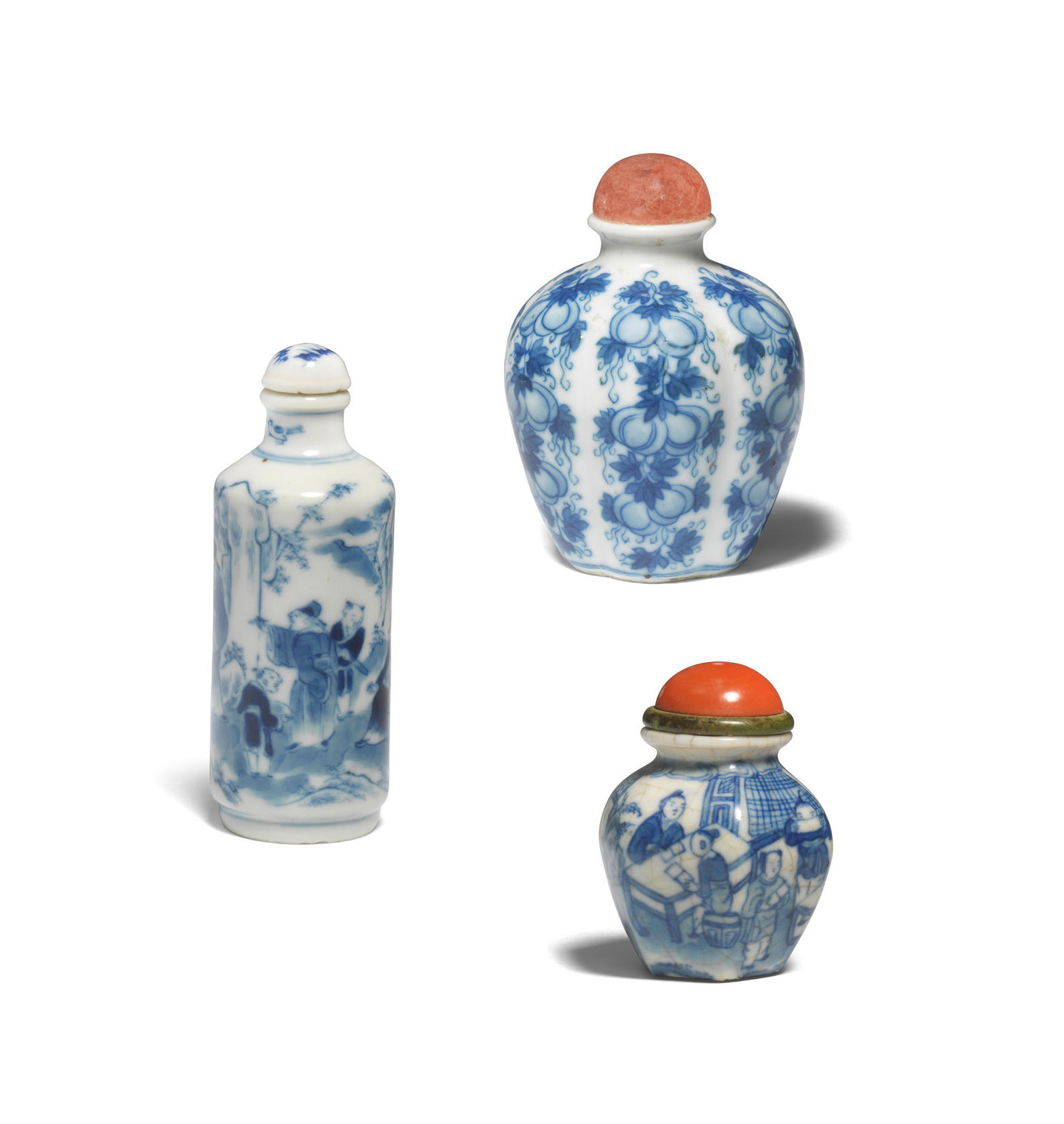 Appraisal: THREE BLUE AND WHITE SNUFF BOTTLES th th century The