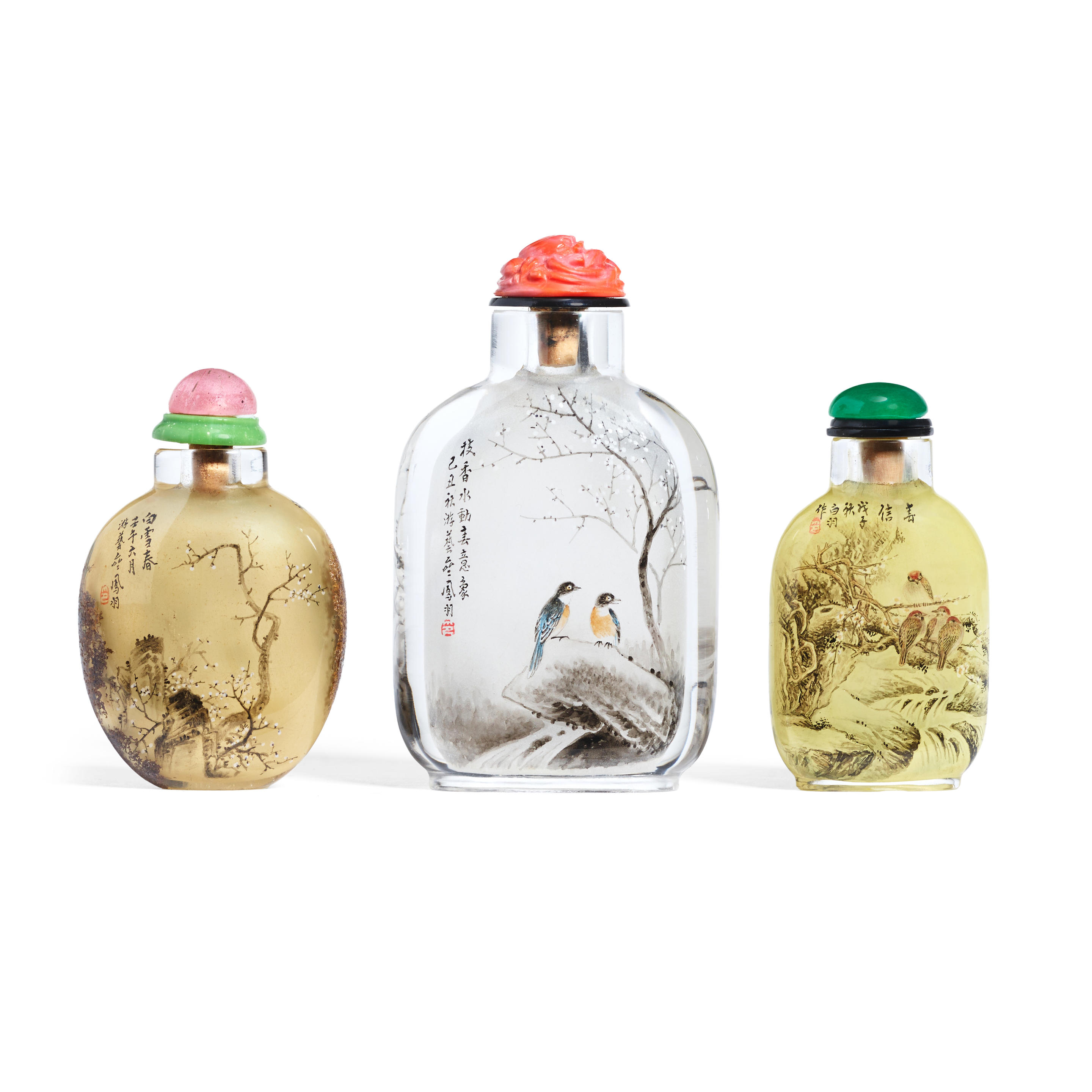 Appraisal: THREE INSIDE-PAINTED SNUFF BOTTLES Su Fengyu June Su Fengyu Liang