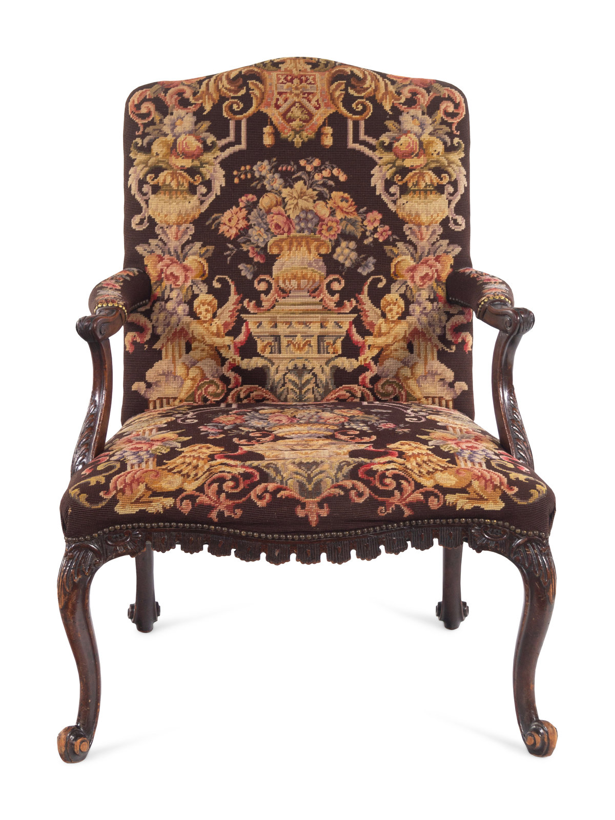 Appraisal: A George II Style Carved Mahogany Armchair with Needlepoint Upholstery