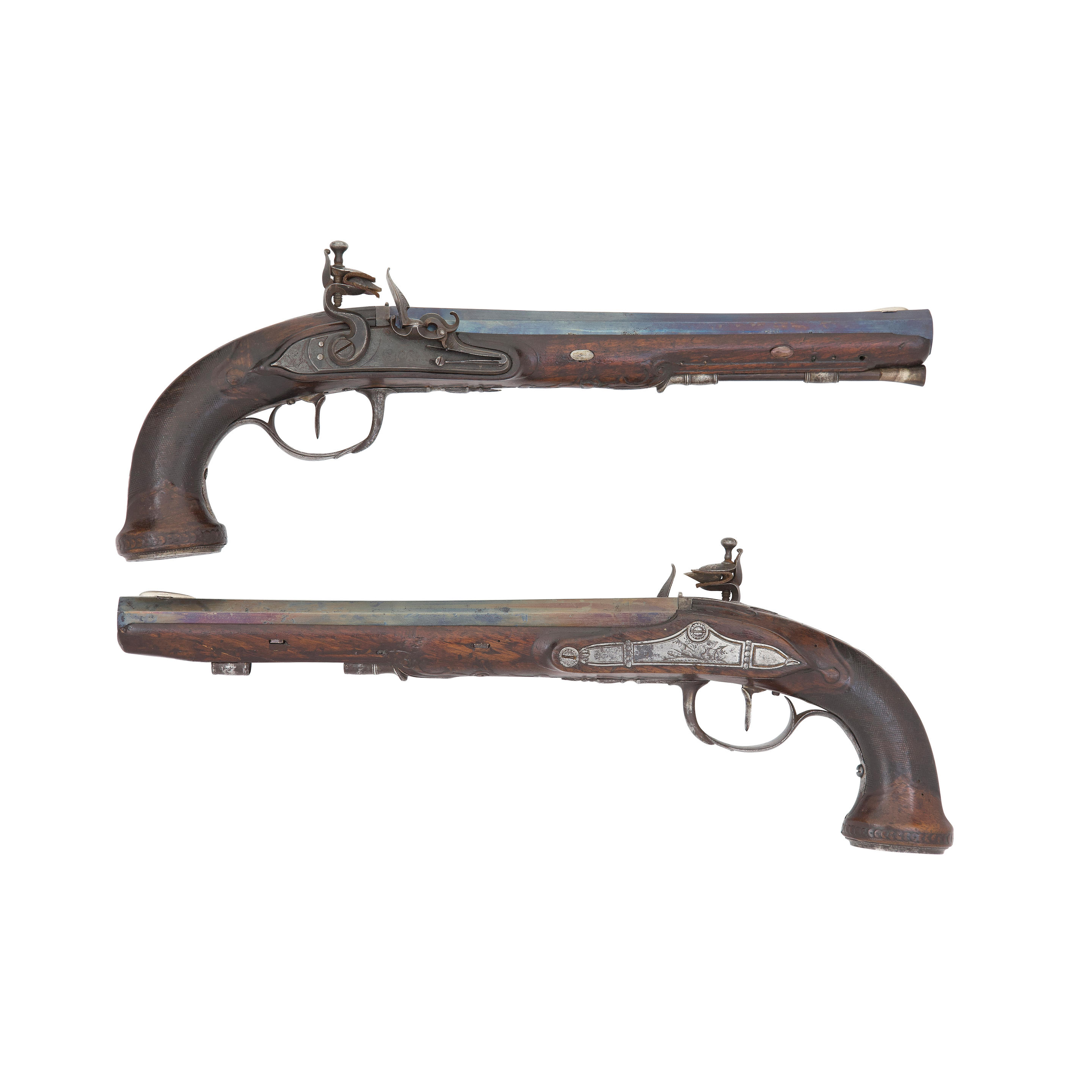 Appraisal: A PAIR OF FRENCH -BORE FLINTLOCK RIFLED OFFICER'S PISTOLS INDISTINCTLY