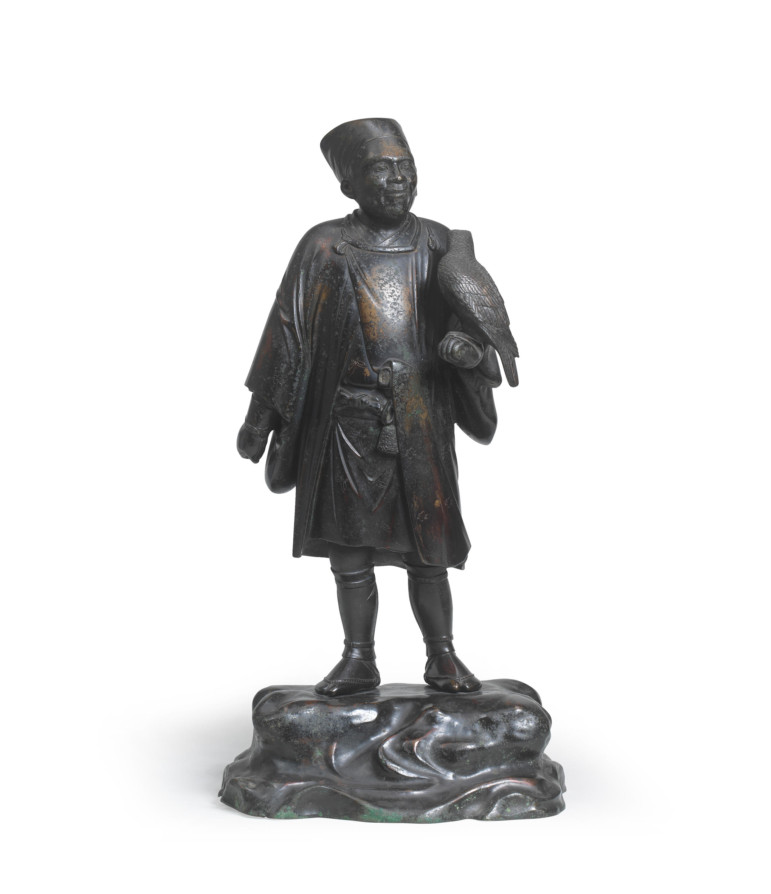 Appraisal: A BRONZE OKIMONO TABLE ORNAMENT OF A FALCONER Meiji era