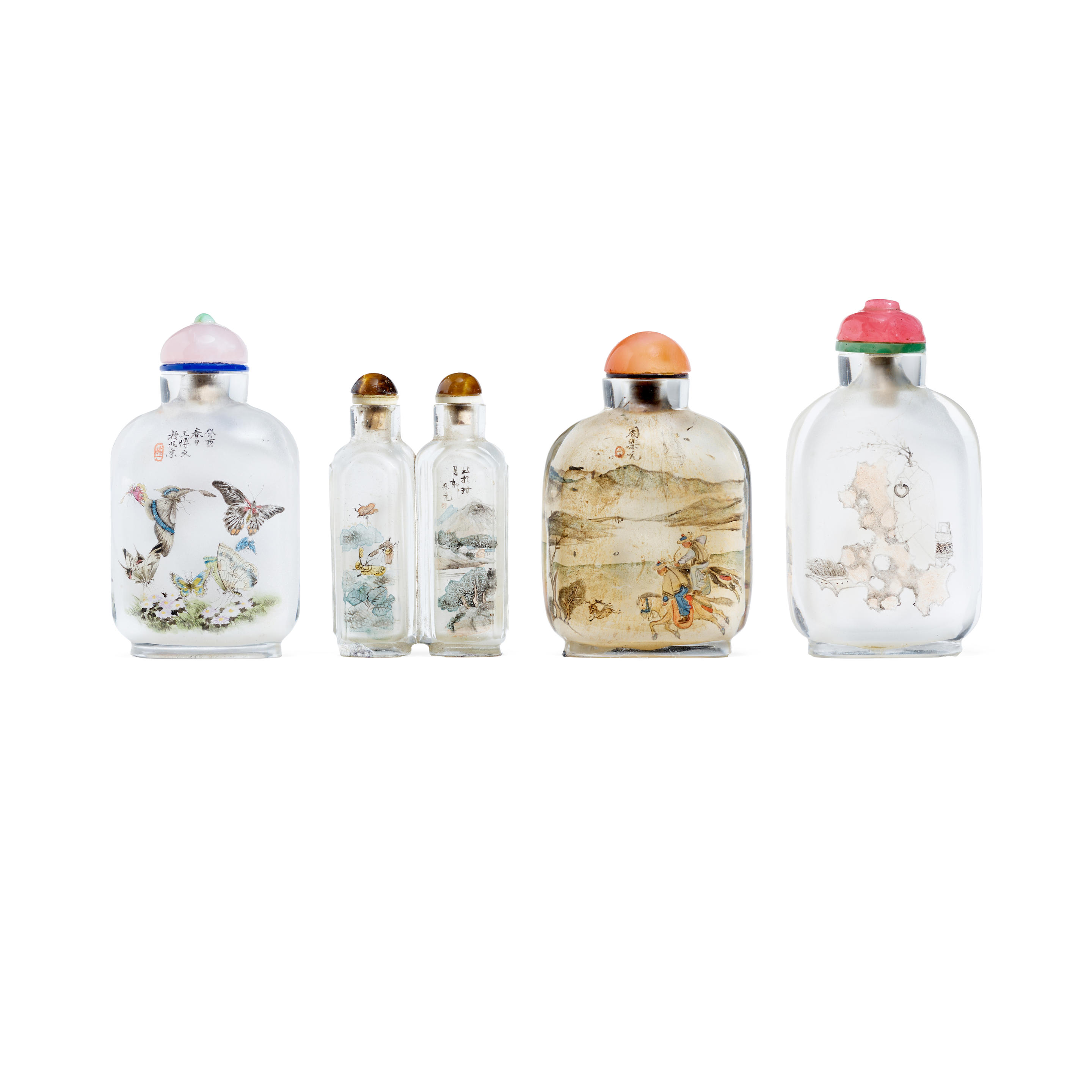 Appraisal: FOUR INSIDE-PAINTED SNUFF BOTTLES In the style of Zhou Leyuan