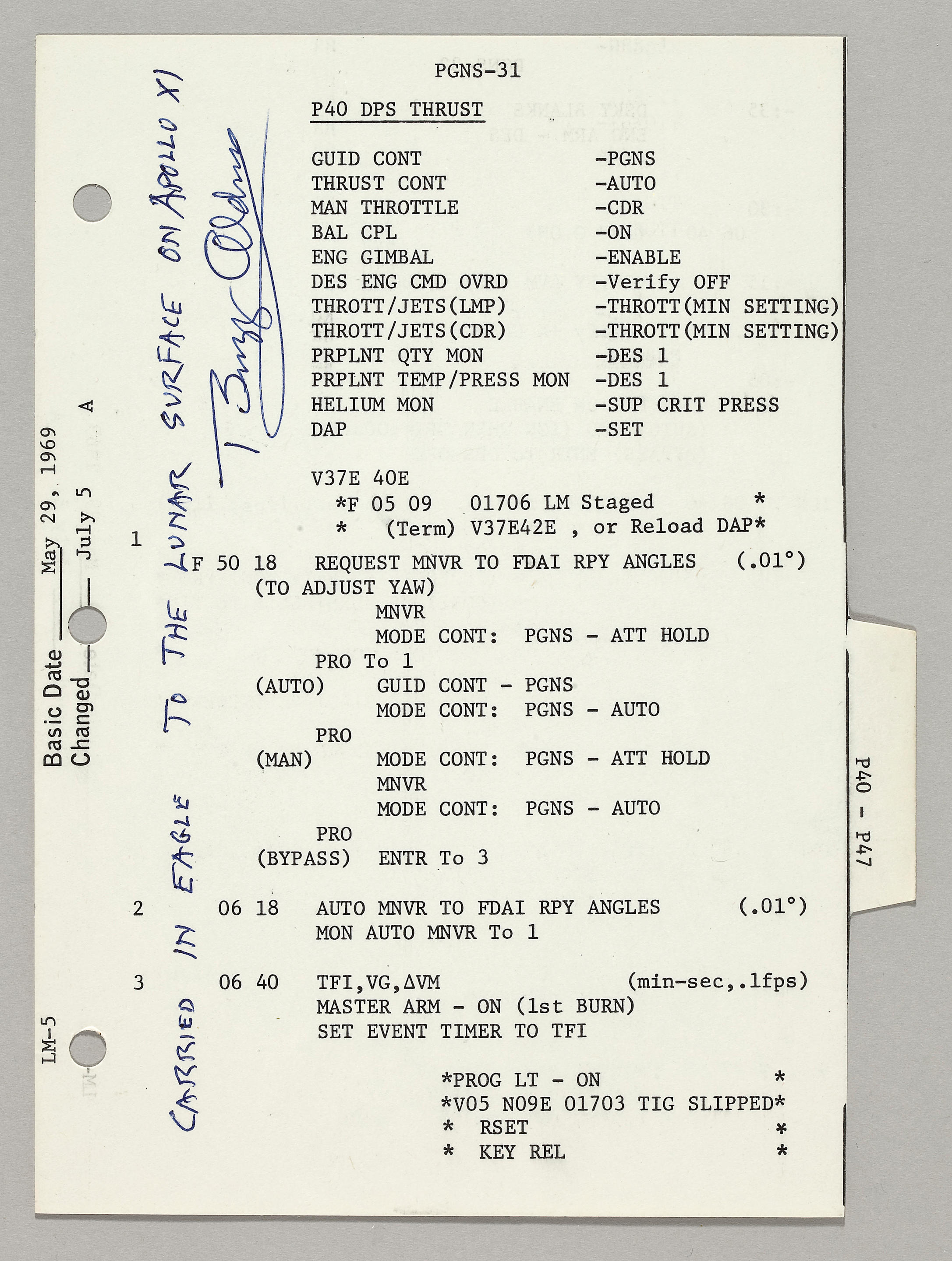 Appraisal: APOLLO LUNAR SURFACE-FLOWN PGNS SHEET USED TO LAND EAGLE ON