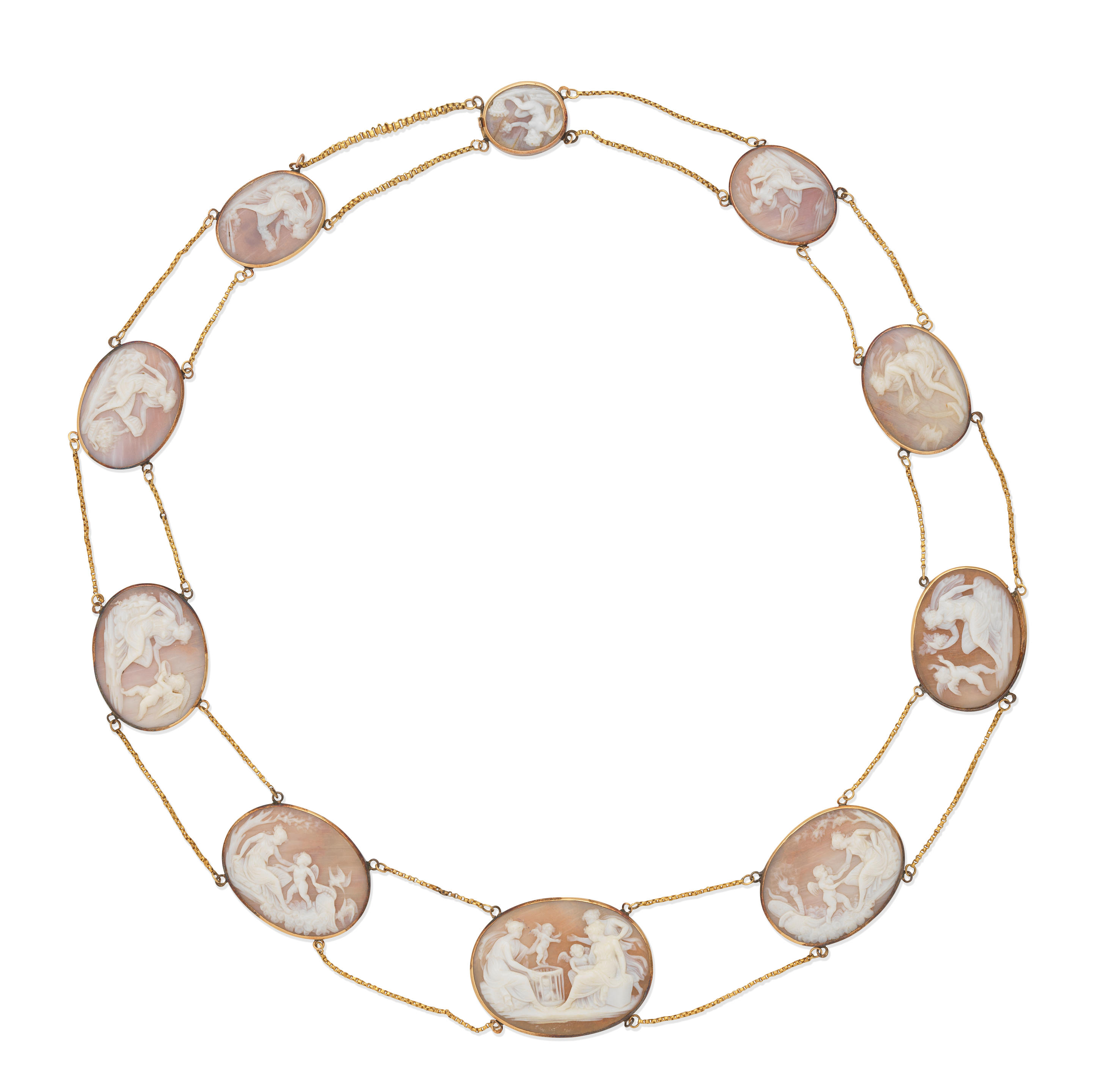 Appraisal: SHELL CAMEO NECKLACE CIRCA - Ten graduating shell plaques each