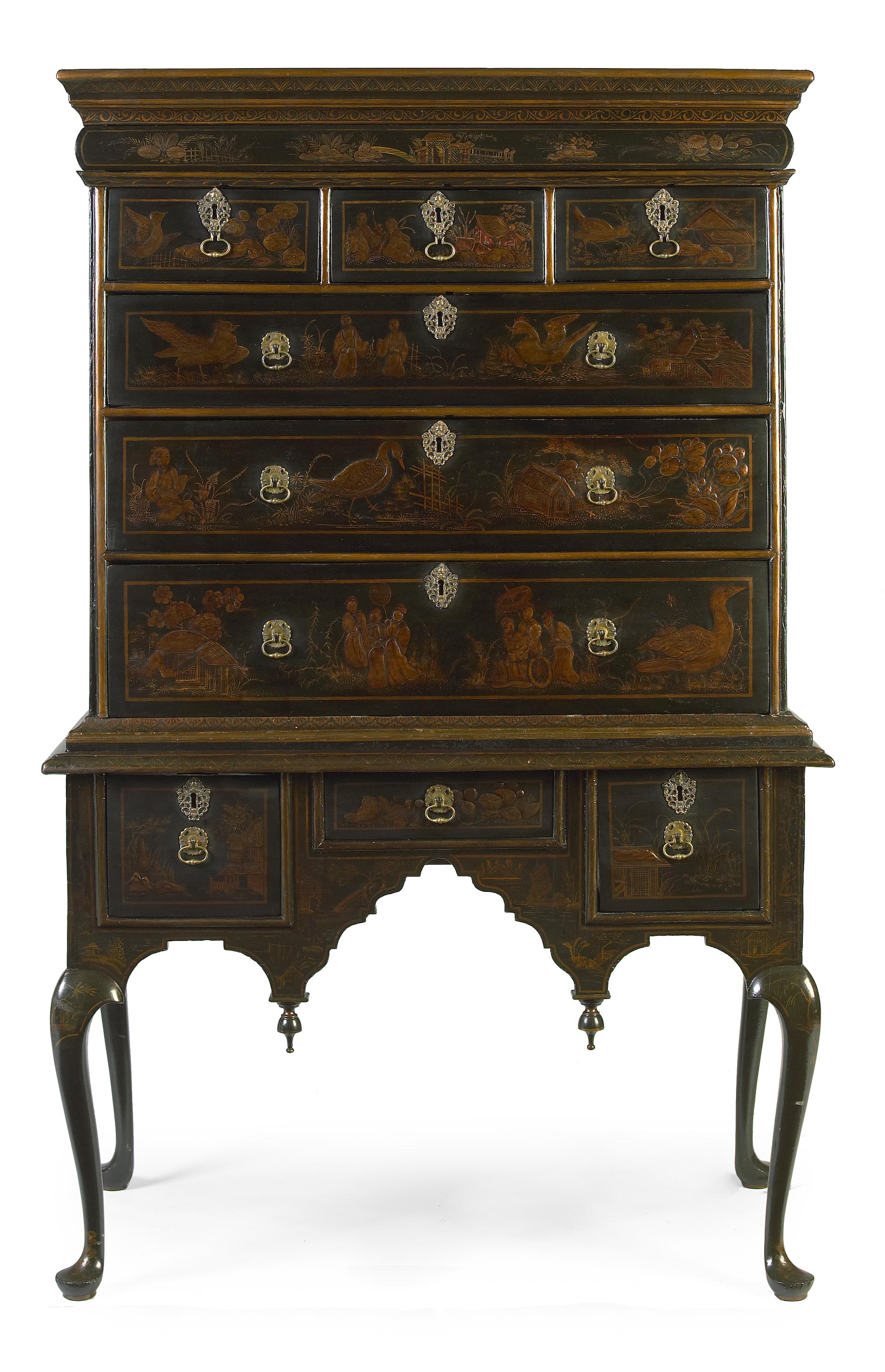 Appraisal: A QUEEN ANNE CHINOISERIE DECORATED BLACK LACQUERED CHEST ON STAND