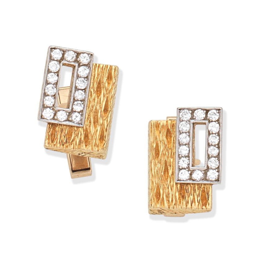 Appraisal: KUTCHINSKY DIAMOND-SET CUFFLINKS Single-sided of textured carat gold finish within