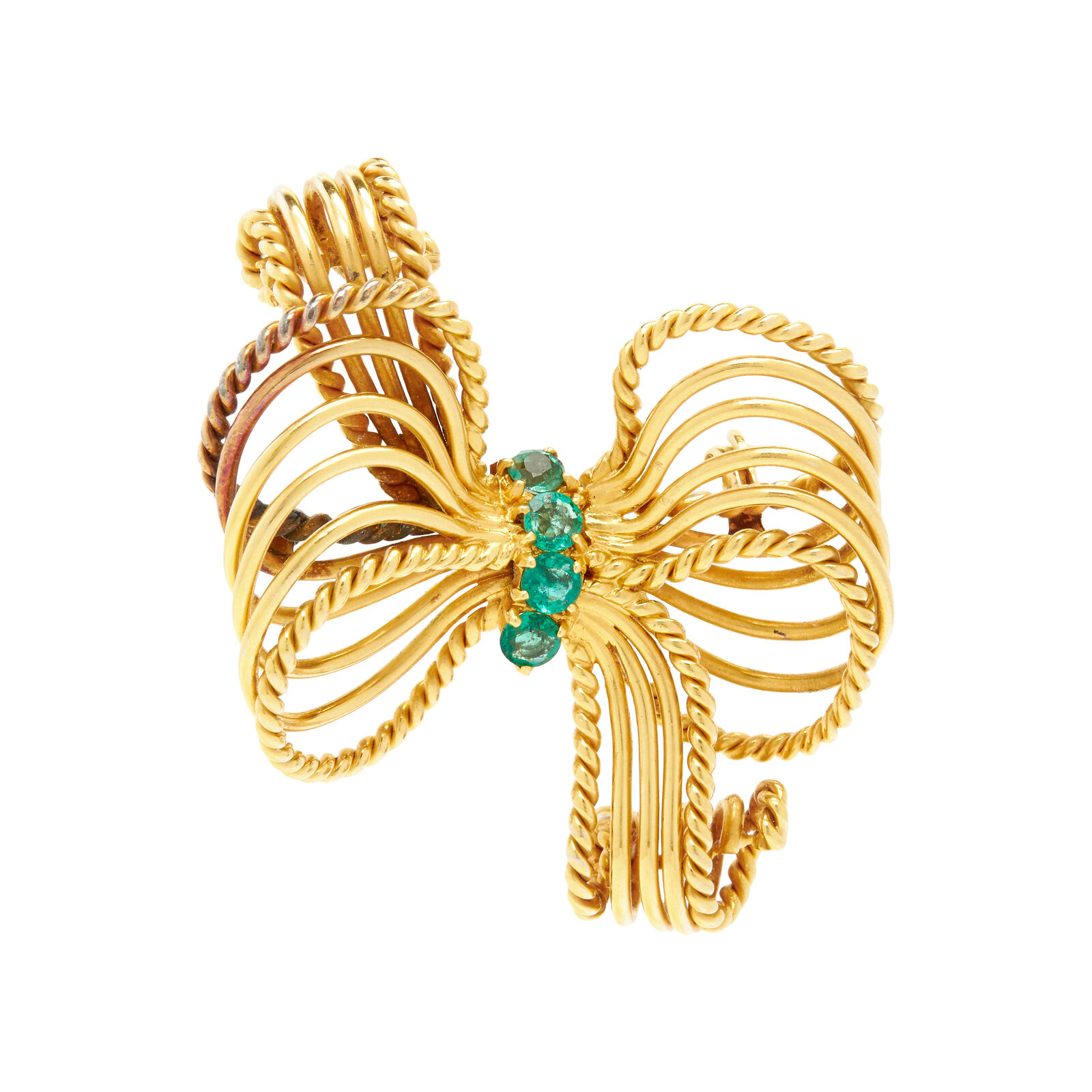 Appraisal: CARTIER YELLOW GOLD AND EMERALD BROOCH Round mixed cut emeralds