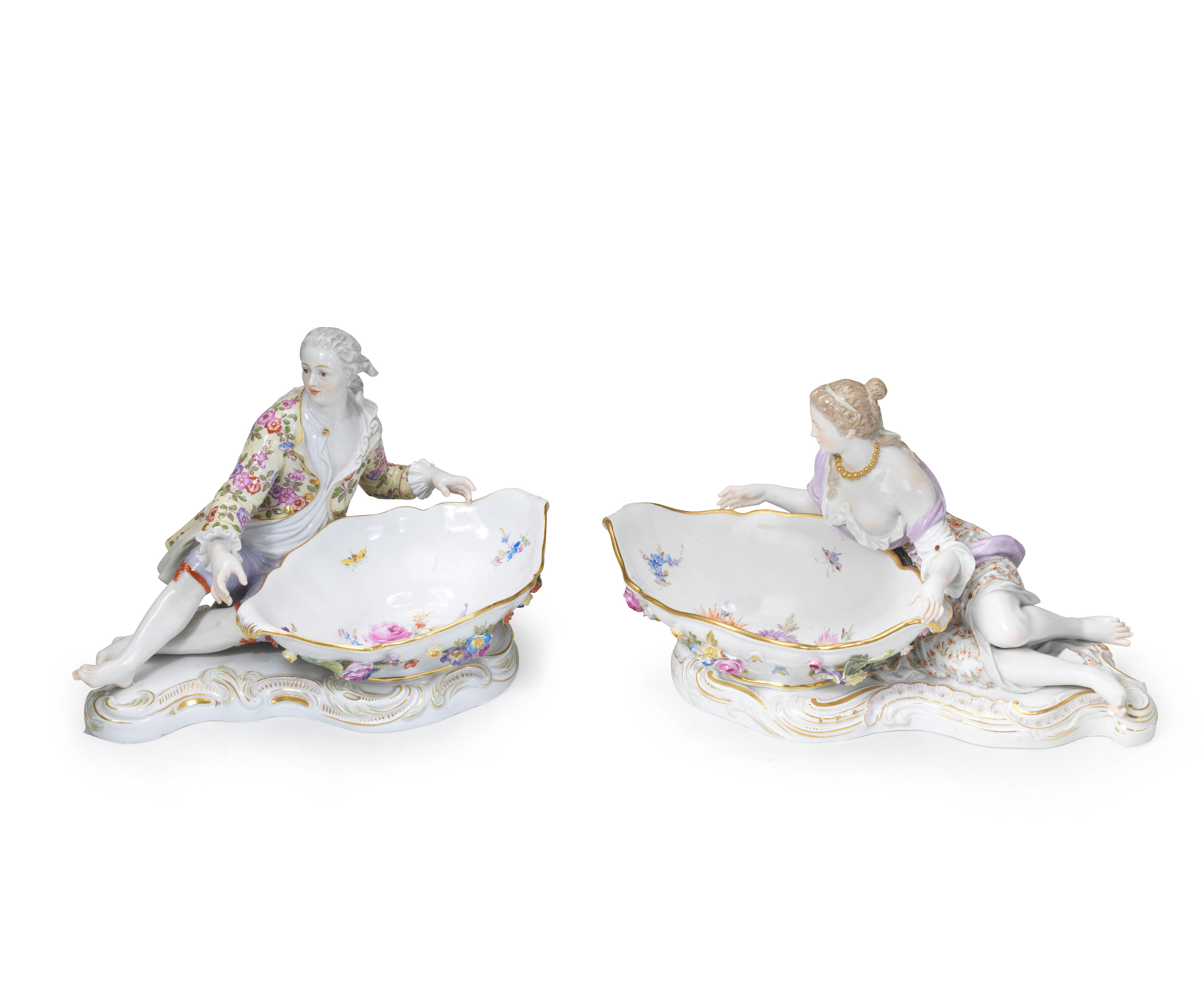 Appraisal: A PAIR OF LARGE MEISSEN FIGURES WITH SWEETMEAT DISHES LATE