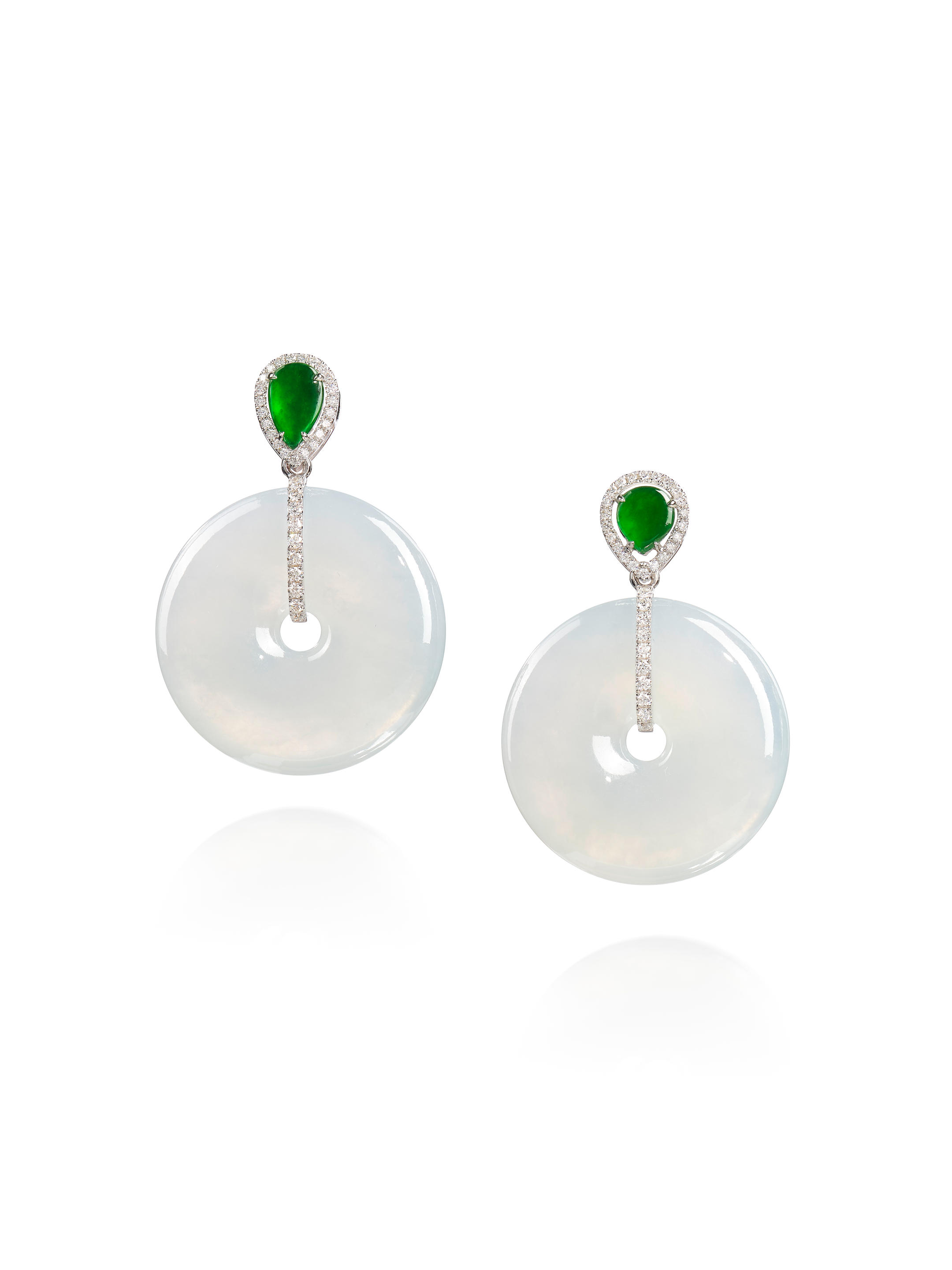 Appraisal: A PAIR OF ICY JADEITE 'HUAIGU' JADEITE AND DIAMOND PENDANTS