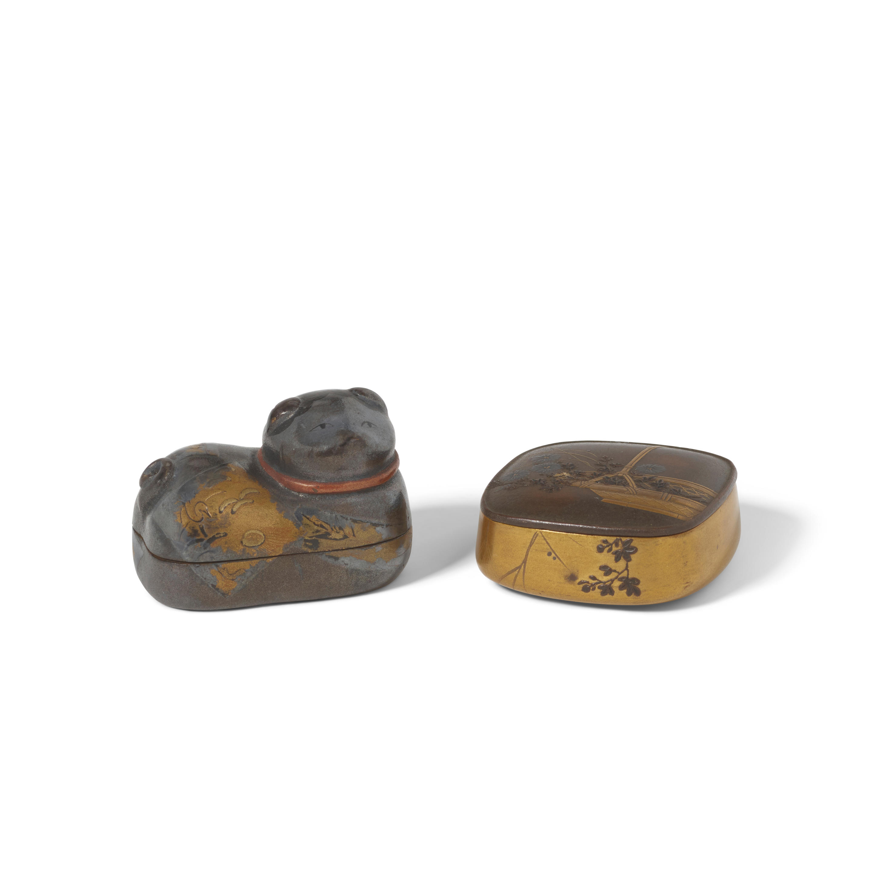 Appraisal: A GROUP OF TWO HAKO BOX-FORM GILT-LACQUER NETSUKE Edo Period