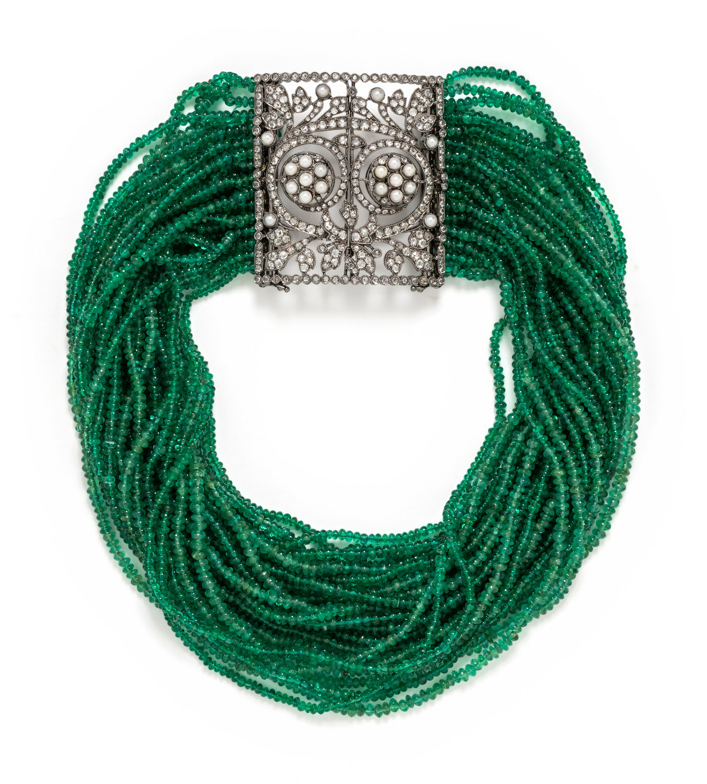 Appraisal: HOUSE OF TAYLOR EMERALD DIAMOND AND CULTURED PEARL MULTISTRAND CHOKER