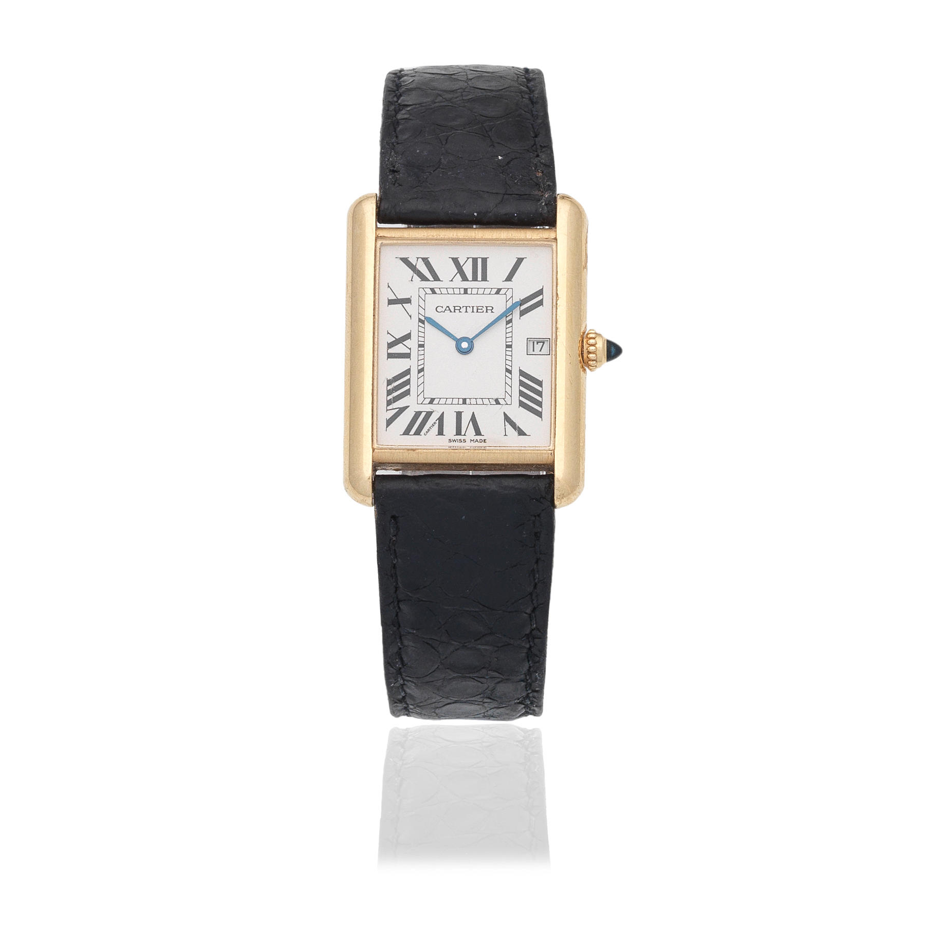 Appraisal: CARTIER AN K GOLD QUARTZ RECTANGULAR CALENDAR WRISTWATCH Model Tank