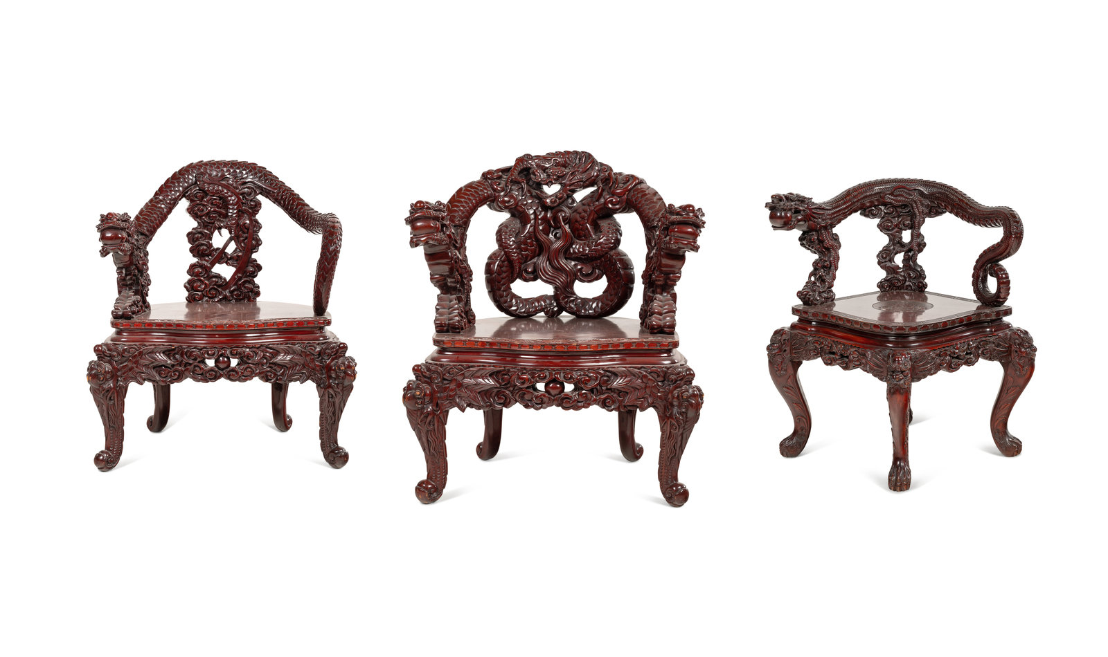 Appraisal: Three Japanese Export Rosewood Armchairs TH CENTURY carved through the