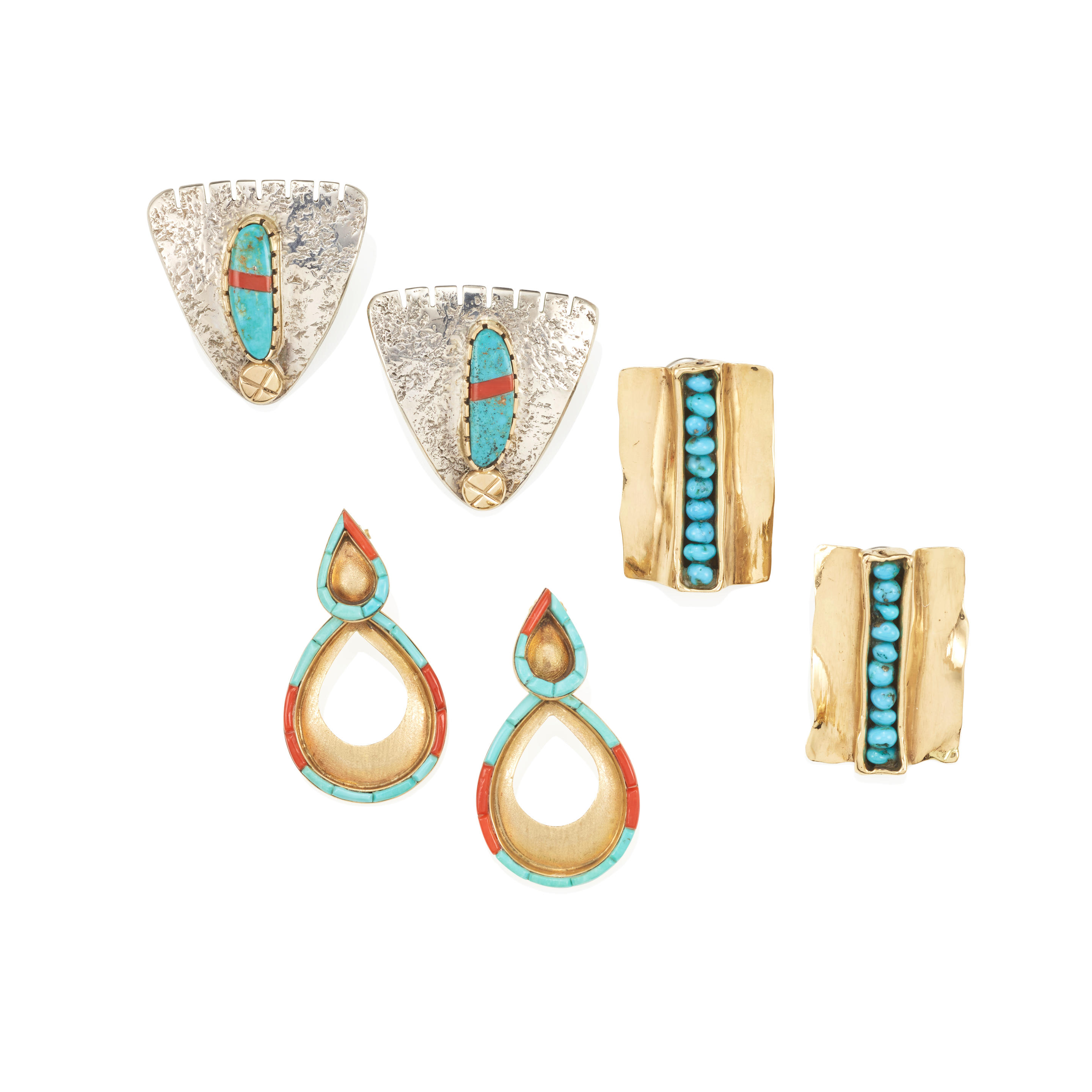 Appraisal: THREE PAIRS OF GOLD SILVER AND HARDSTONE EARRINGS Turquoise coral