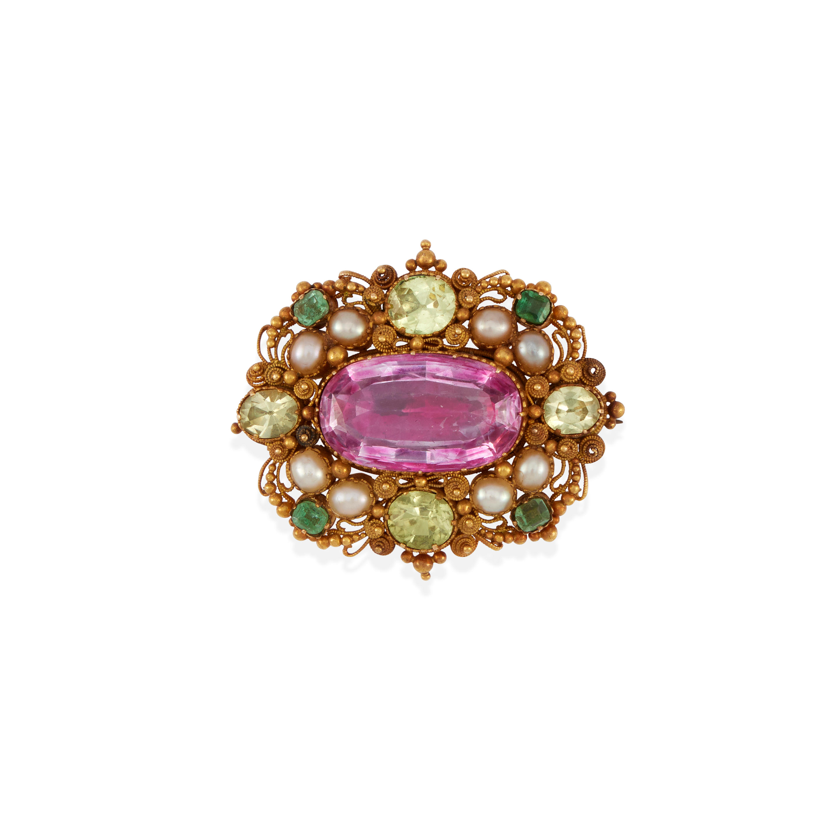 Appraisal: AN ANTIQUE GOLD AND GEMSTONE BROOCH Low karat yellow gold