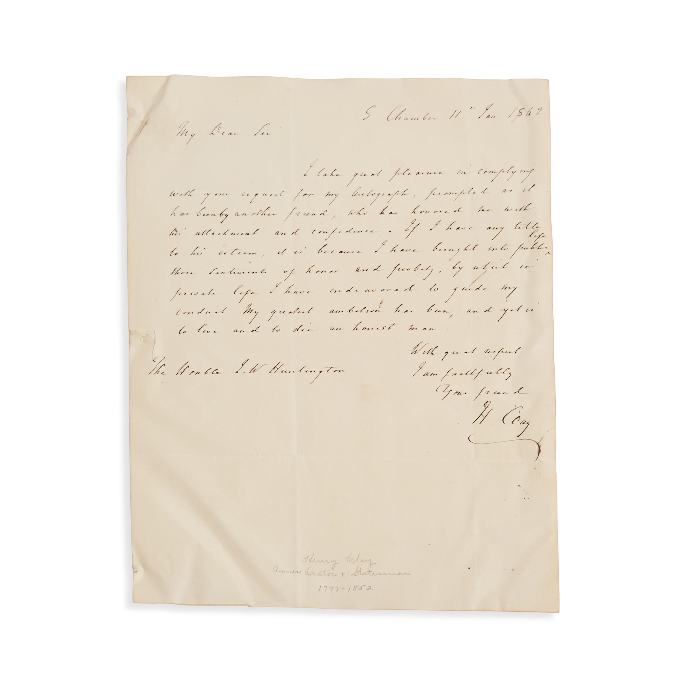 Appraisal: CLAY HENRY - AUTOGRAPH LETTER SIGNED On one sheet dated