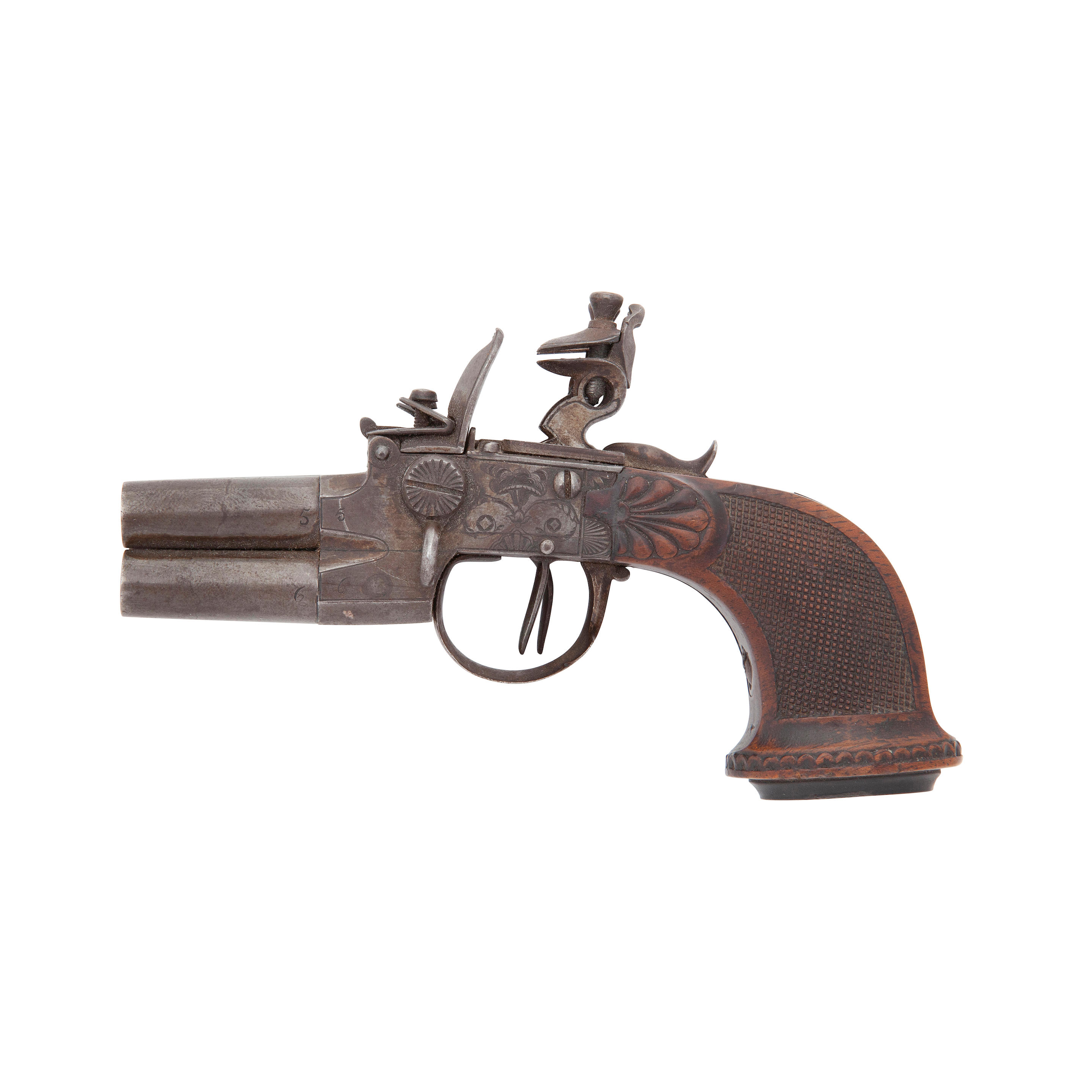 Appraisal: A LI GE FLINTLOCK FOUR-BARRELLED BOX-LOCK TAP-ACTION PISTOL OF SMALL