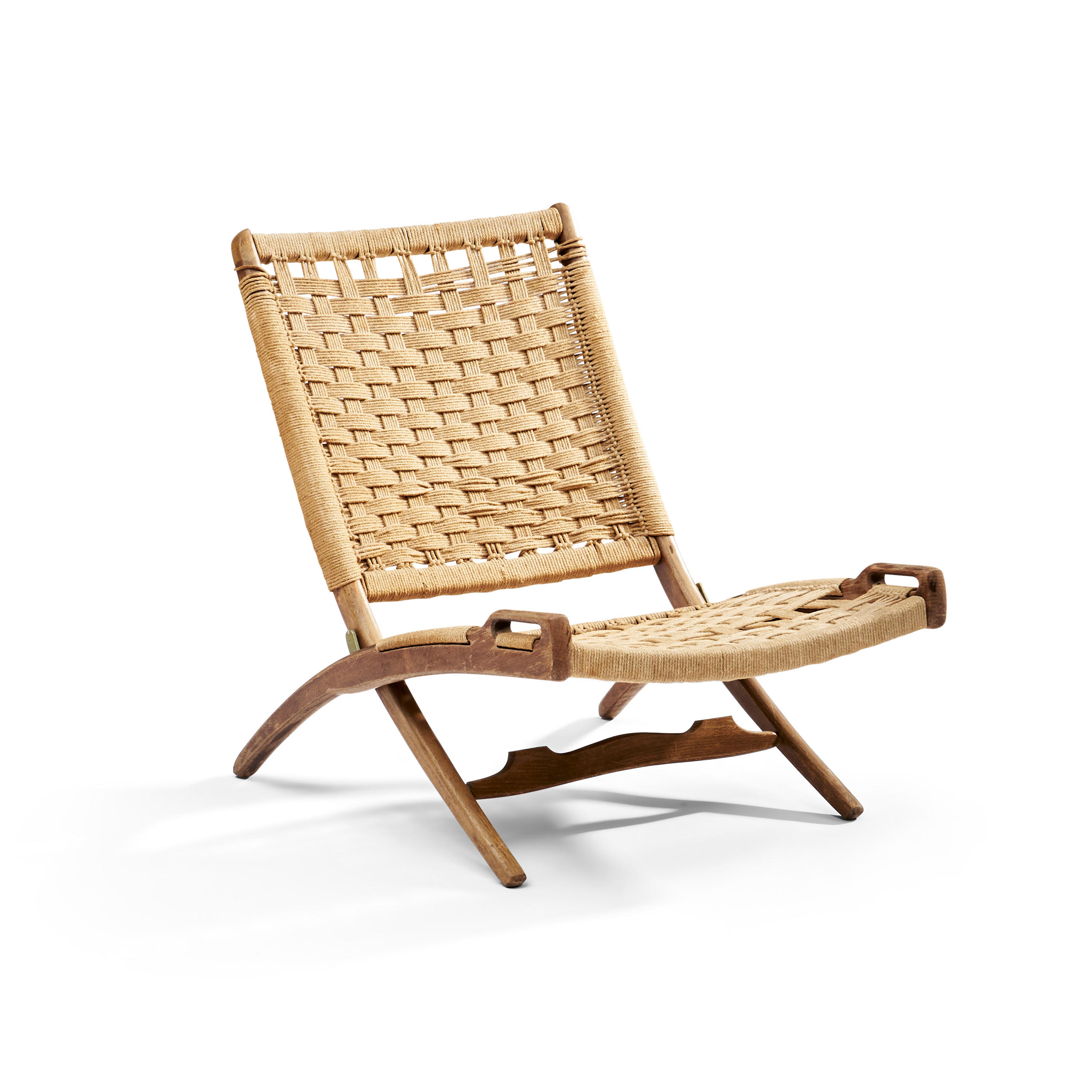 Appraisal: WEGNER-STYLE TEAK AND ROPE FOLDING LOUNGE CHAIR c unmarked ht