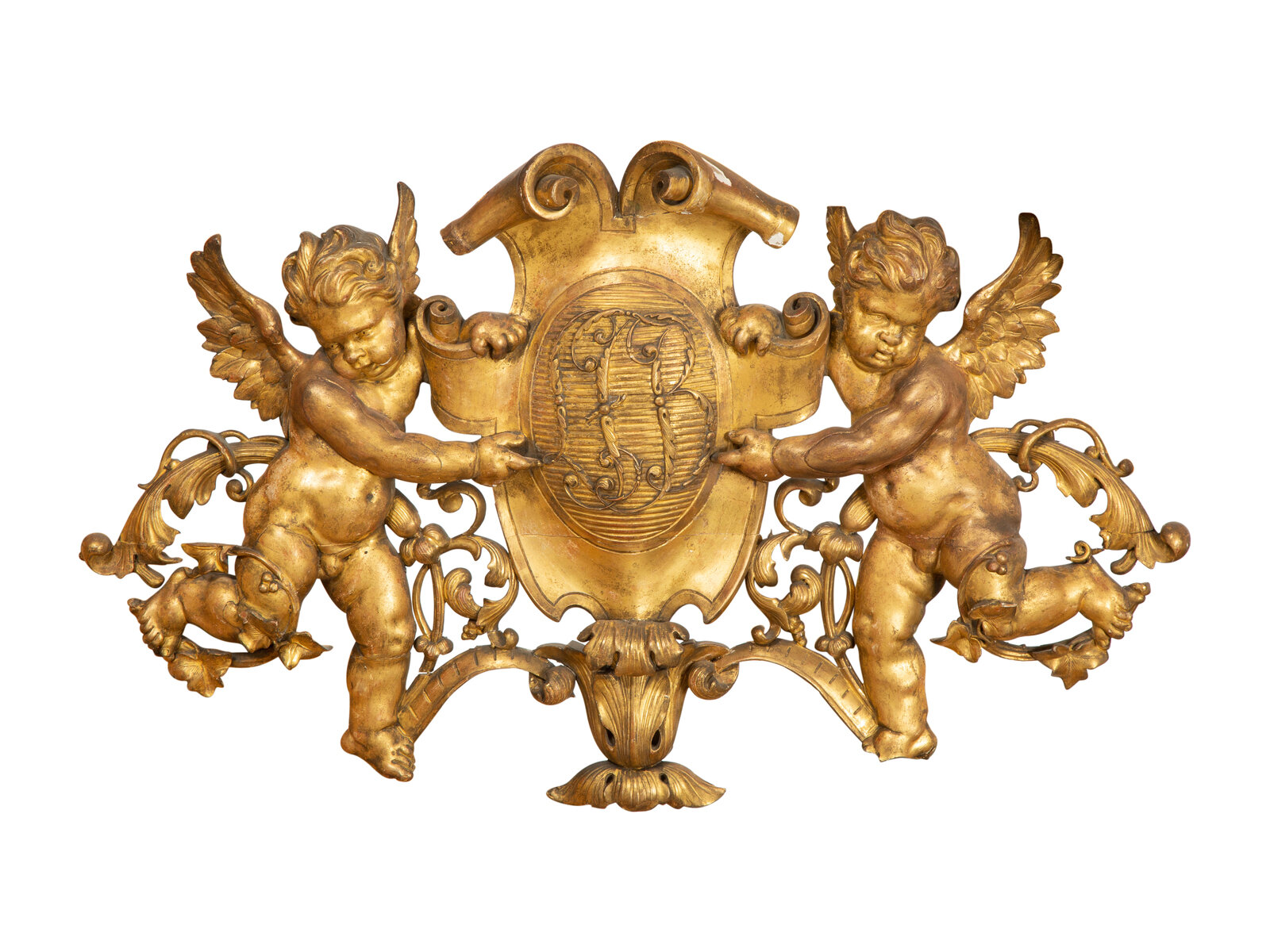 Appraisal: A Continental Carved Giltwood Cherub Wall Plaque th Century Height