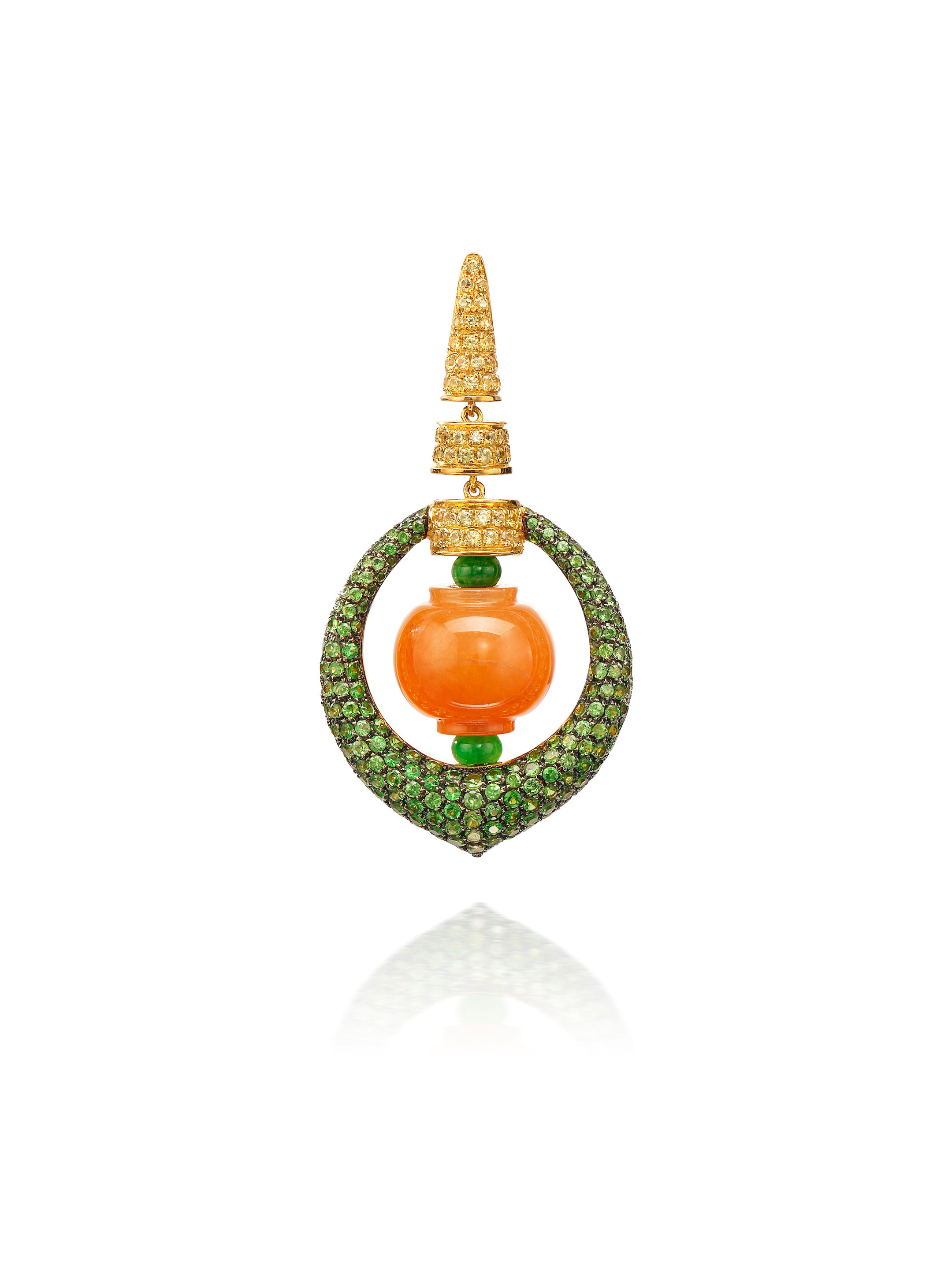 Appraisal: YELLOW JADEITE 'CHINESE LANTERN' JADEITE AND GEM-SET PENDANT The yellow