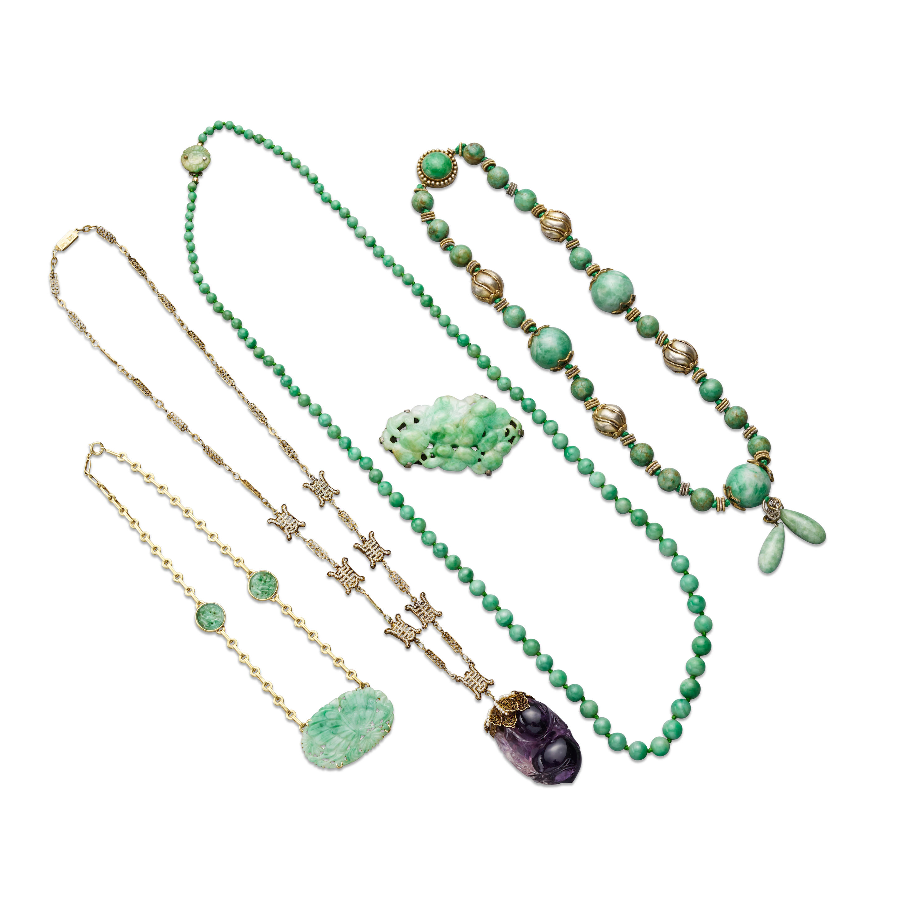 Appraisal: A GROUP OF FOUR NECKLACES AND ONE JADEITE BROOCH Including