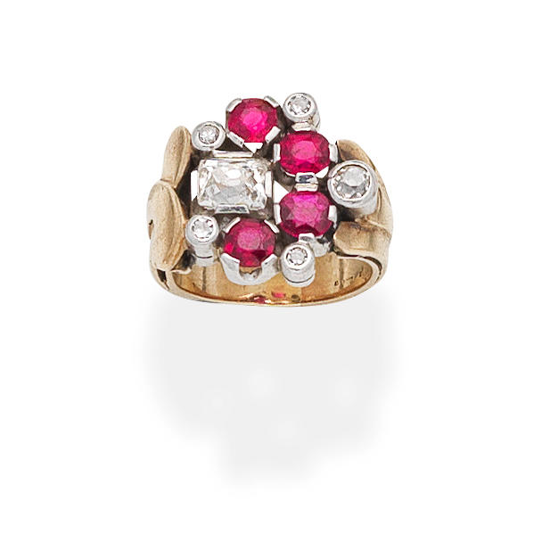 Appraisal: RUBY AND DIAMOND DRESS RING CIRCA Set with circular and