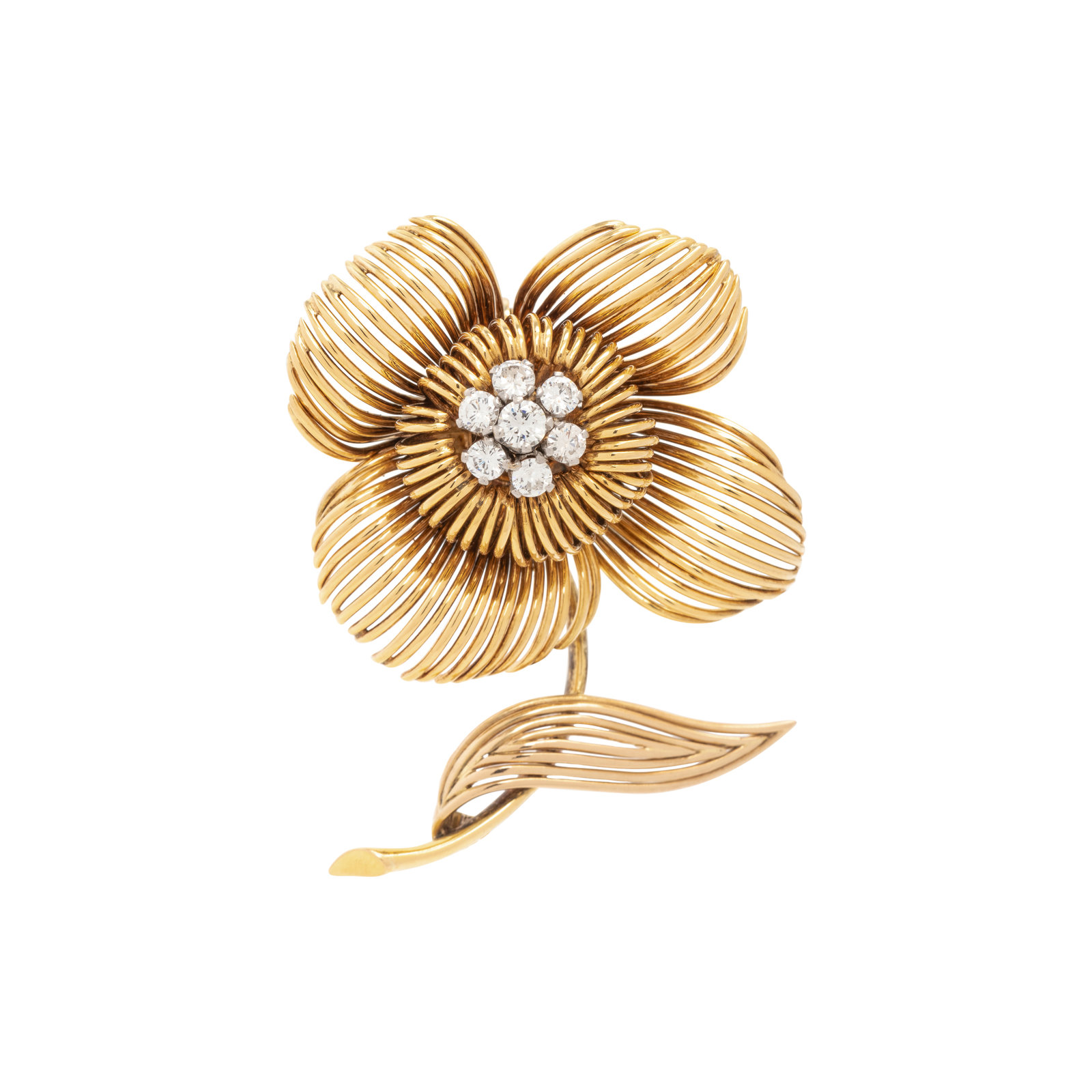 Appraisal: YELLOW GOLD AND DIAMOND FLOWER BROOCH In a wirework design