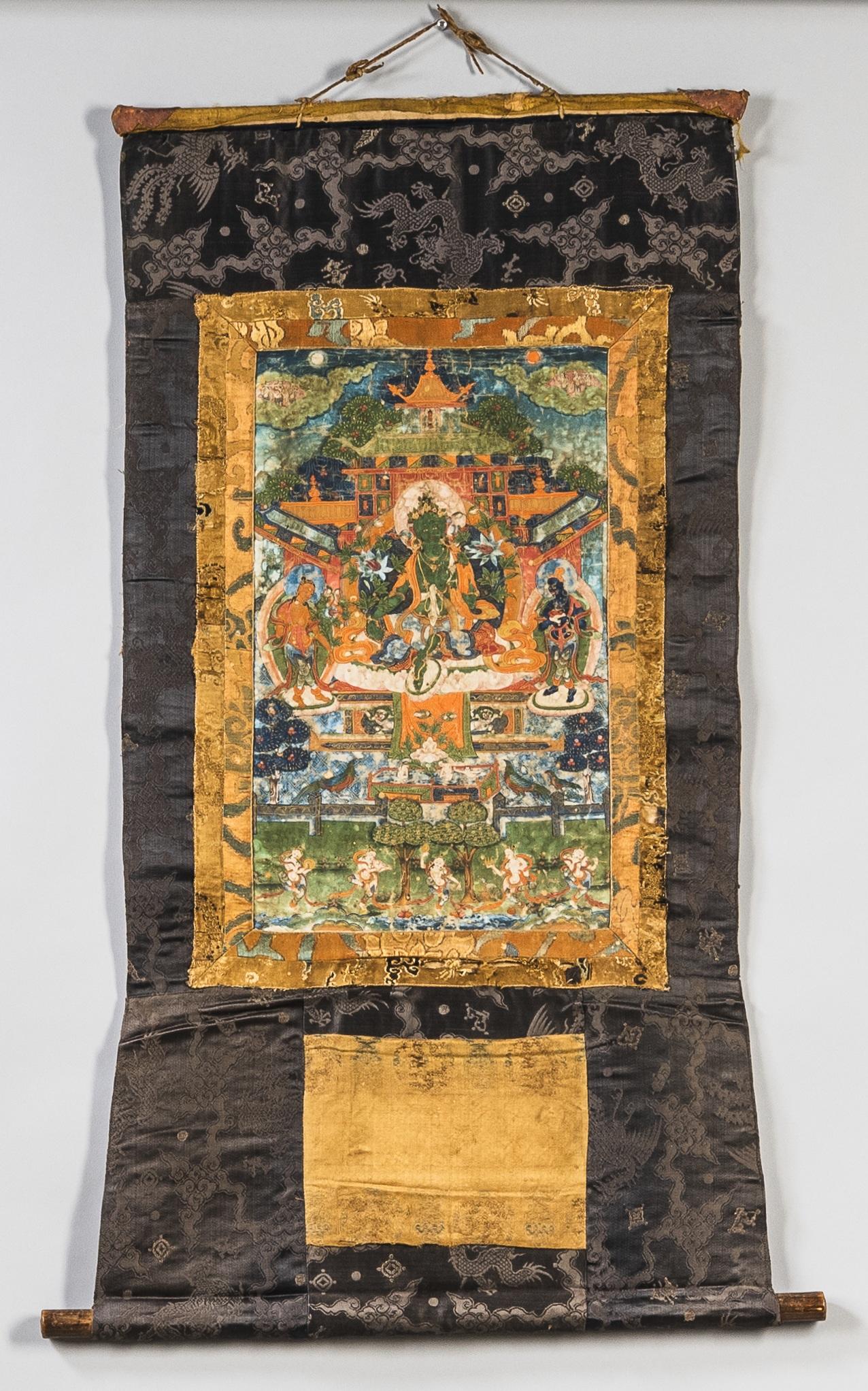 Appraisal: THANGKA DEPICTING GREEN TARA IN PURE LAND Sino-Tibet th century