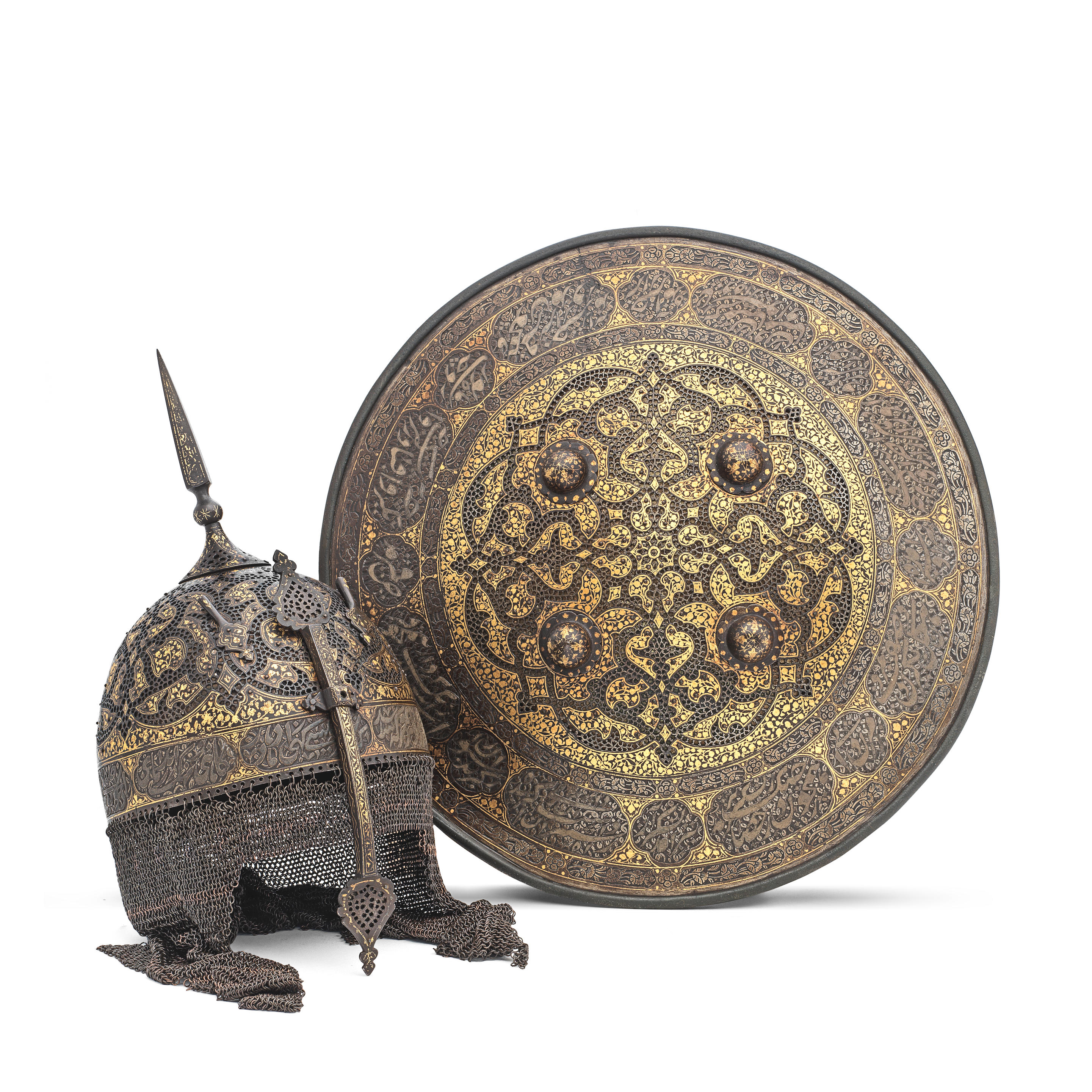 Appraisal: A QAJAR GOLD-DAMASCENED STEEL HELMET AND SHIELD PERSIA TH CENTURY