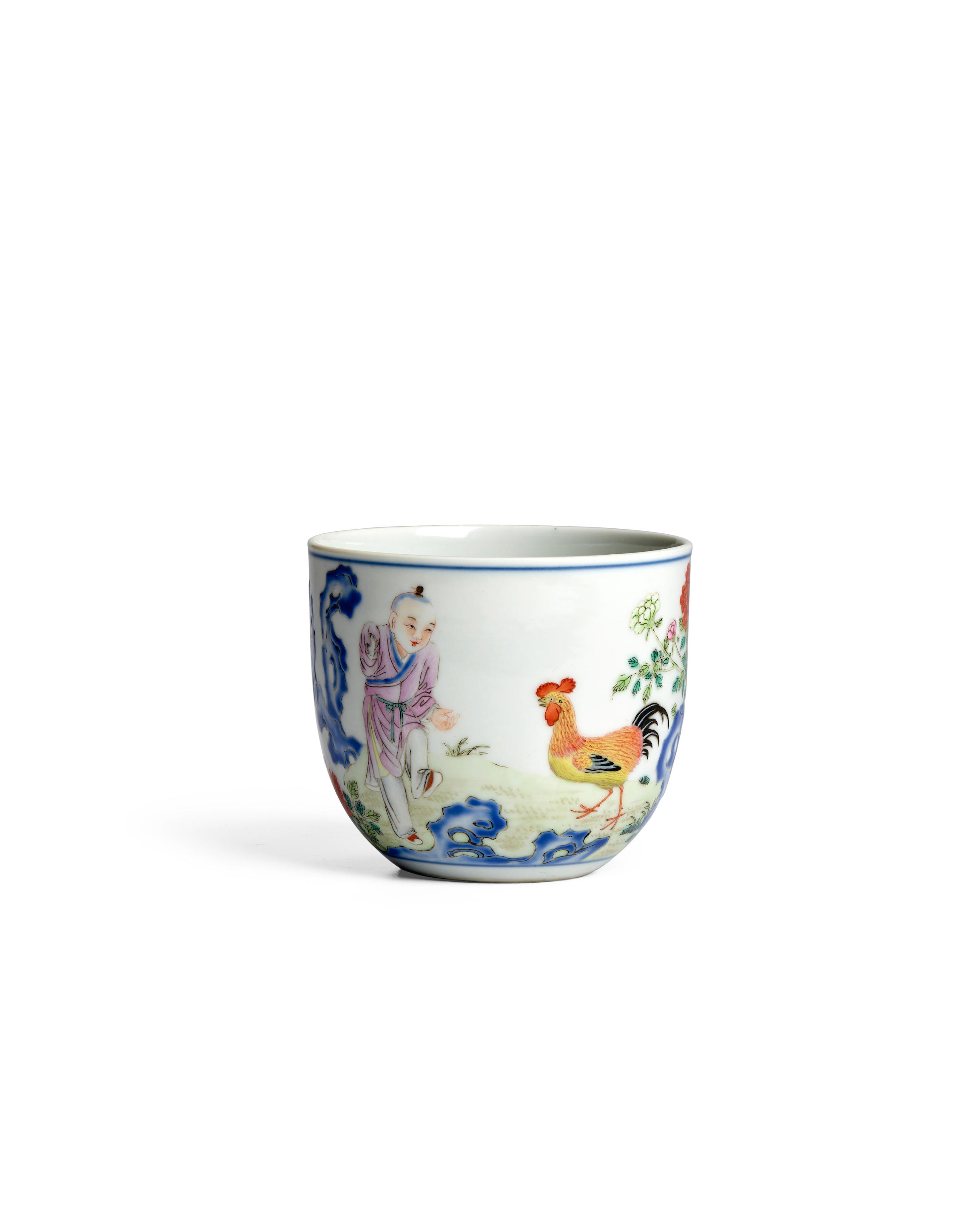 Appraisal: A FINE FAMILLE-ROSE 'CHICKEN AND BOY' CUP Qianlong fang gu