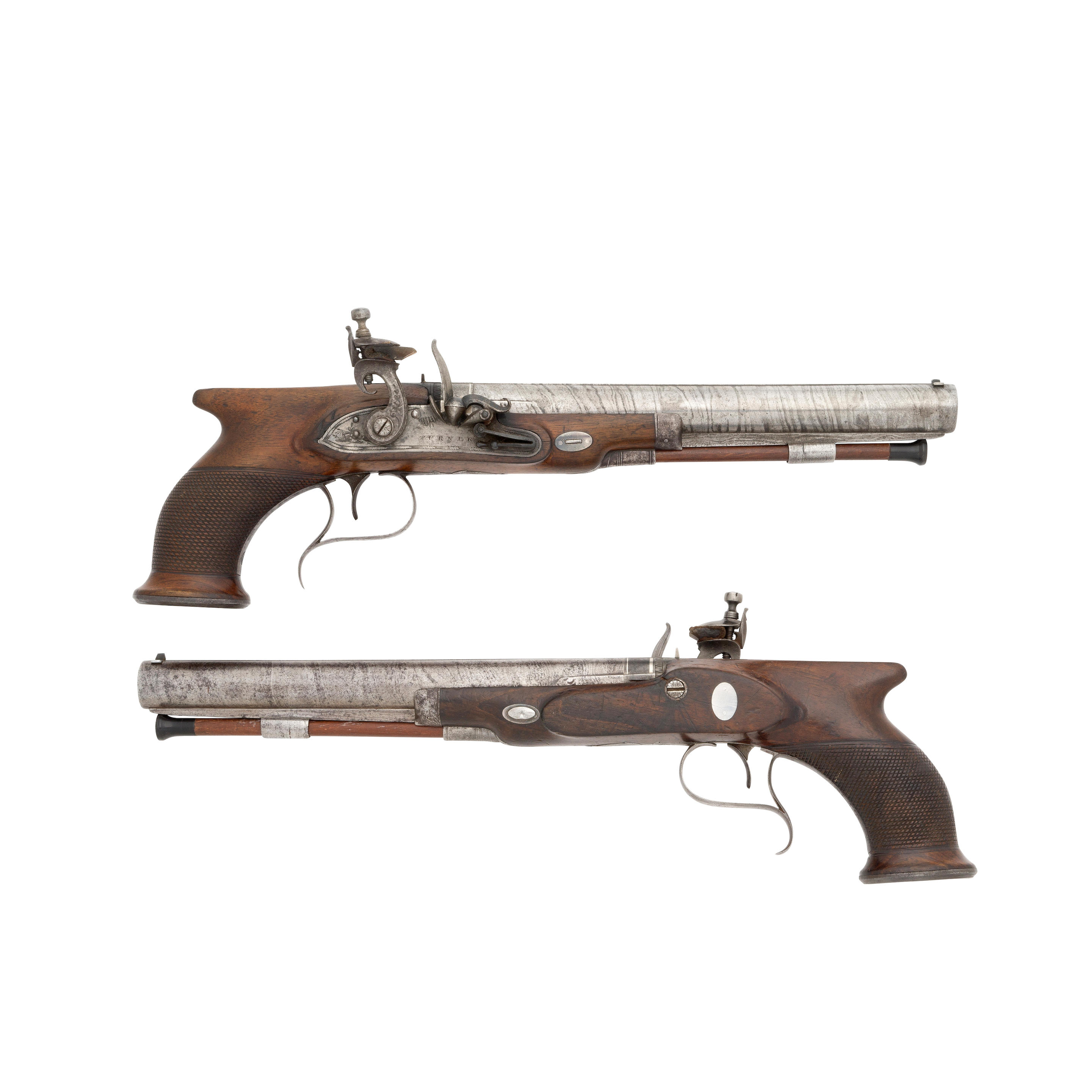 Appraisal: A PAIR OF IRISH -BORE FLINTLOCK SAW-HANDLED DUELLING PISTOLS BY