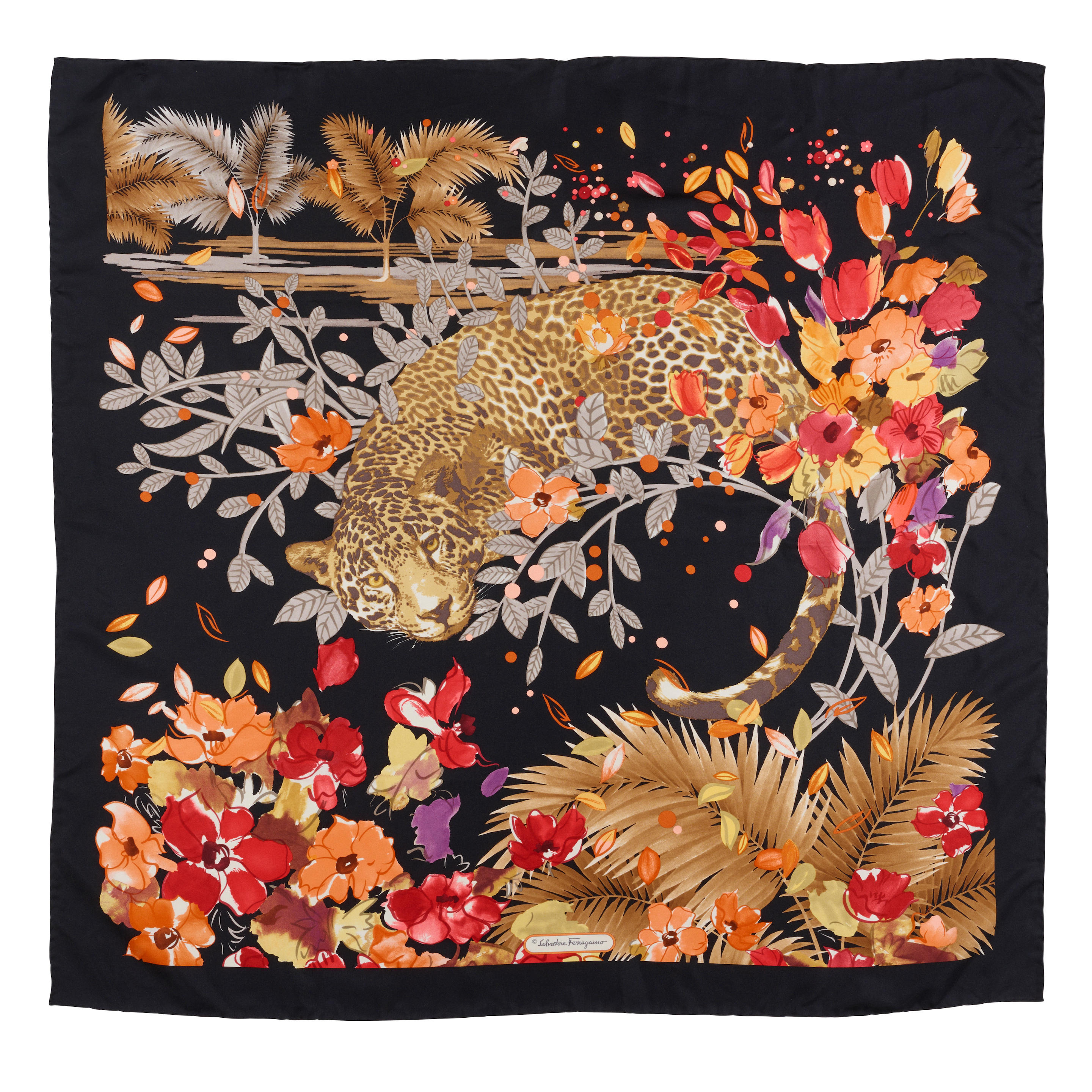 Appraisal: A GROUP OF EIGHT DESIGNER SCARVES Salvatore Ferragamo Leopard Silk