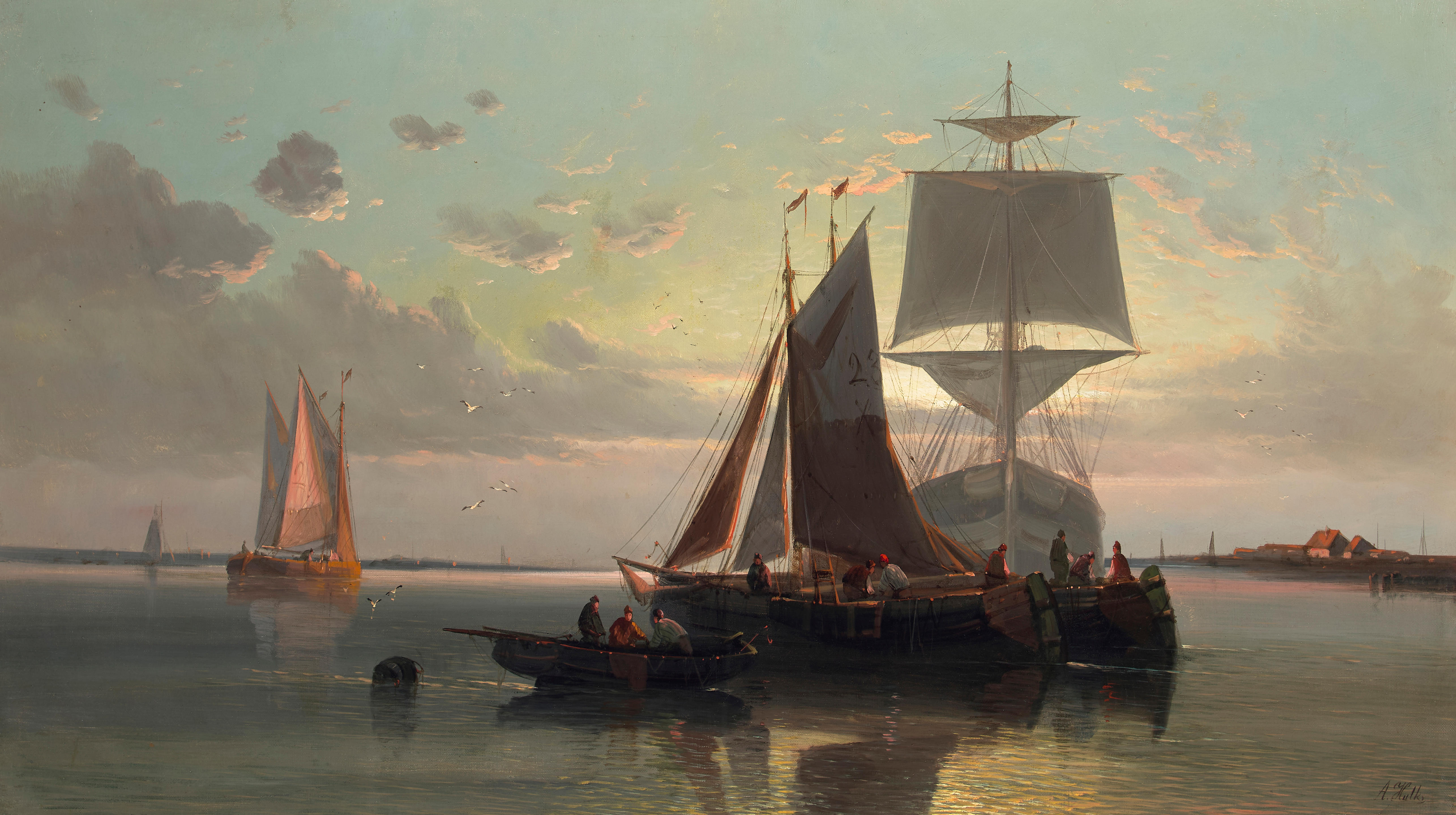 Appraisal: ABRAHAM HULK DUTCH - Ships at dusk signed 'A Hulk'