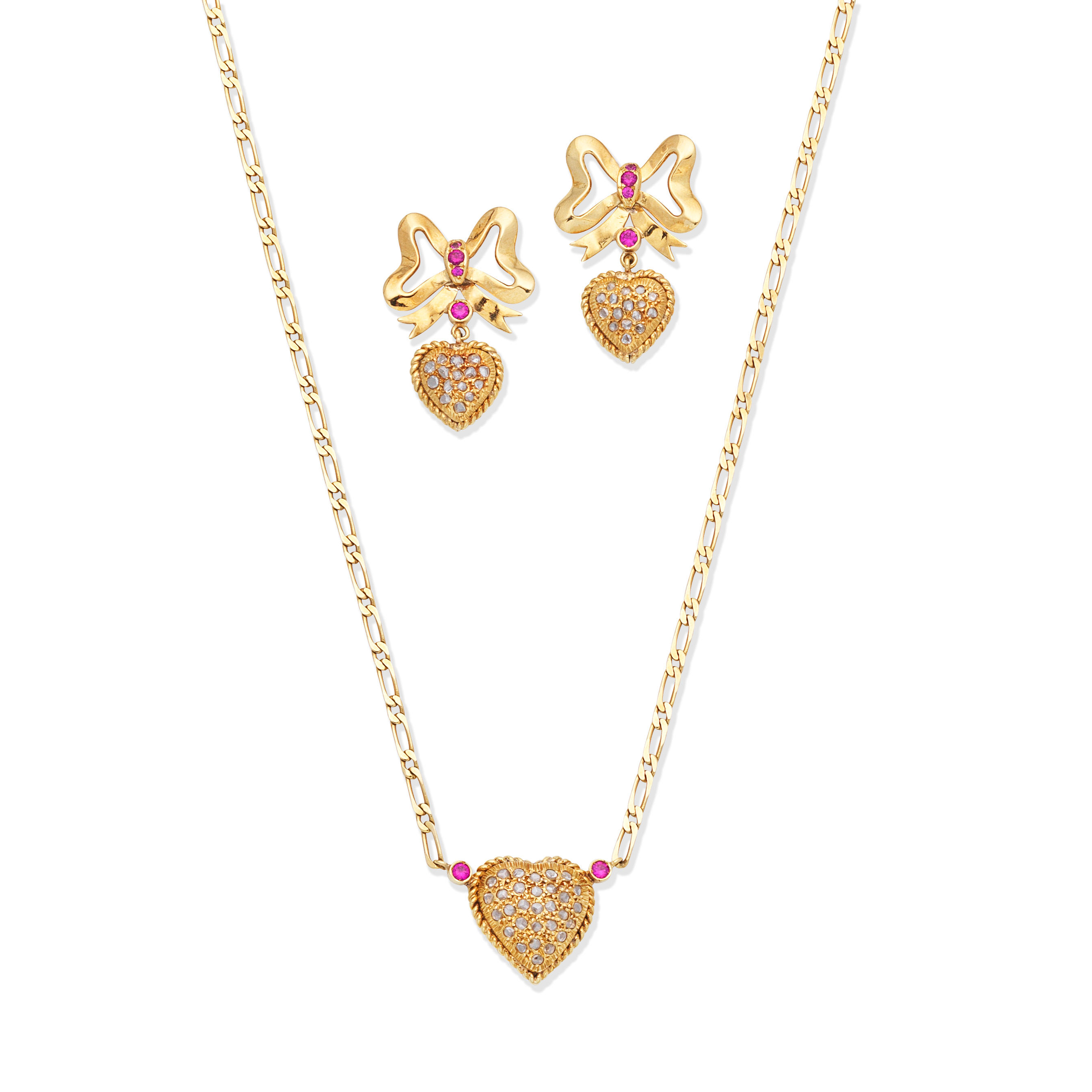 Appraisal: GEM-SET NECKLACE AND PENDENT EARRING SUITE The heart-shaped pendant set