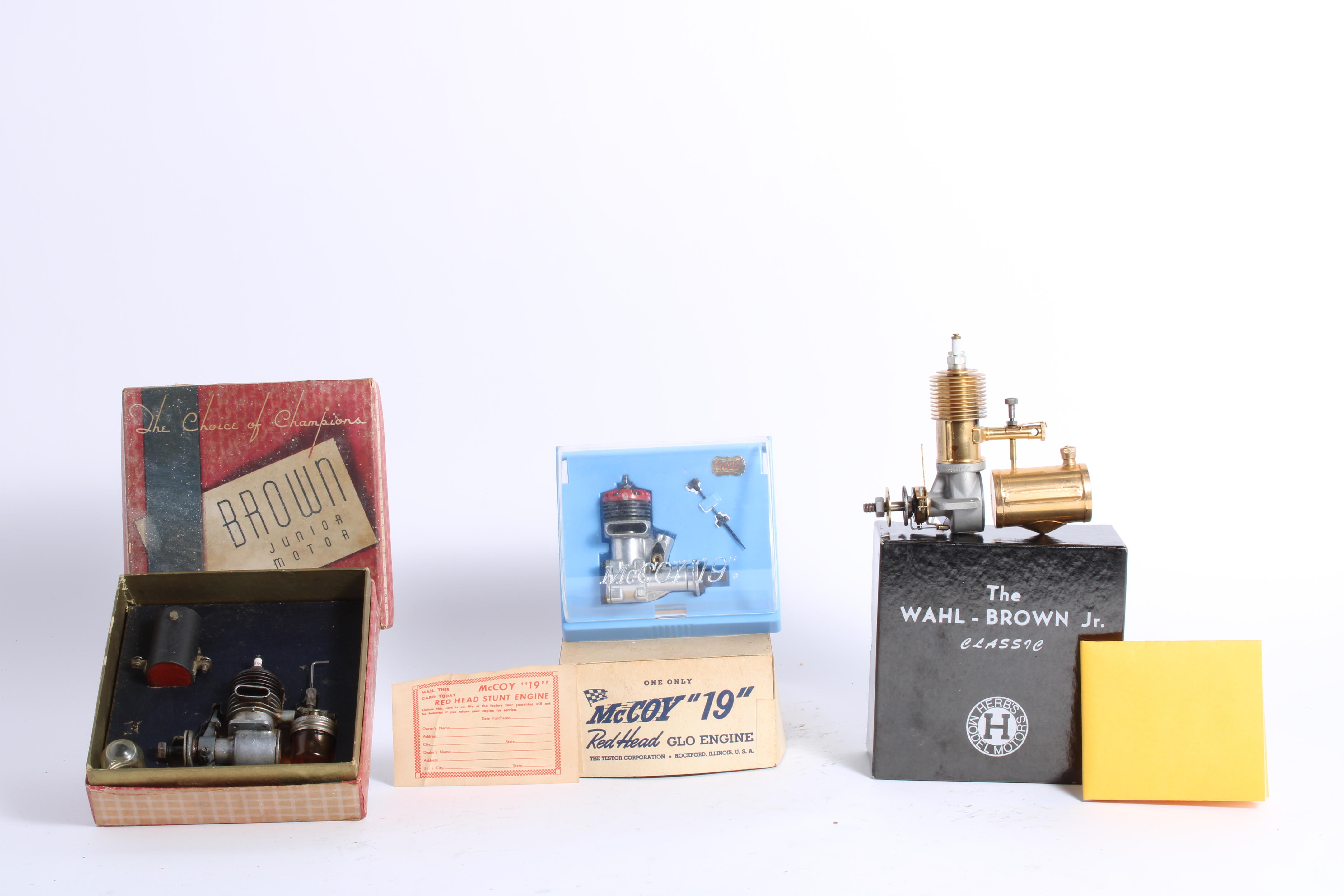 Appraisal: THREE GAS POWERED MINIATURE ENGINES IN TRADE BOXES new old