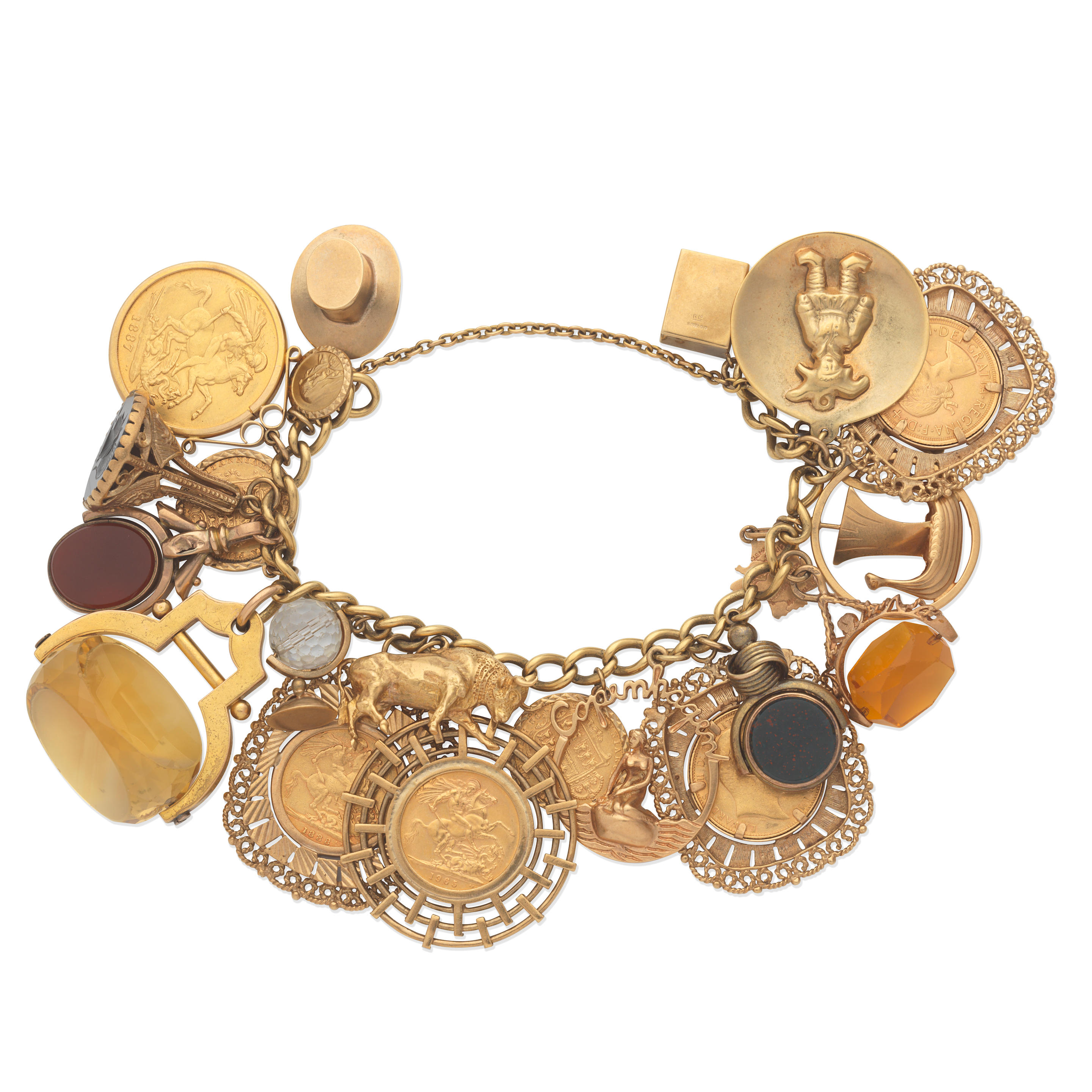 Appraisal: CHARM BRACELET The curb-link bracelet suspending charms including citrine swivel