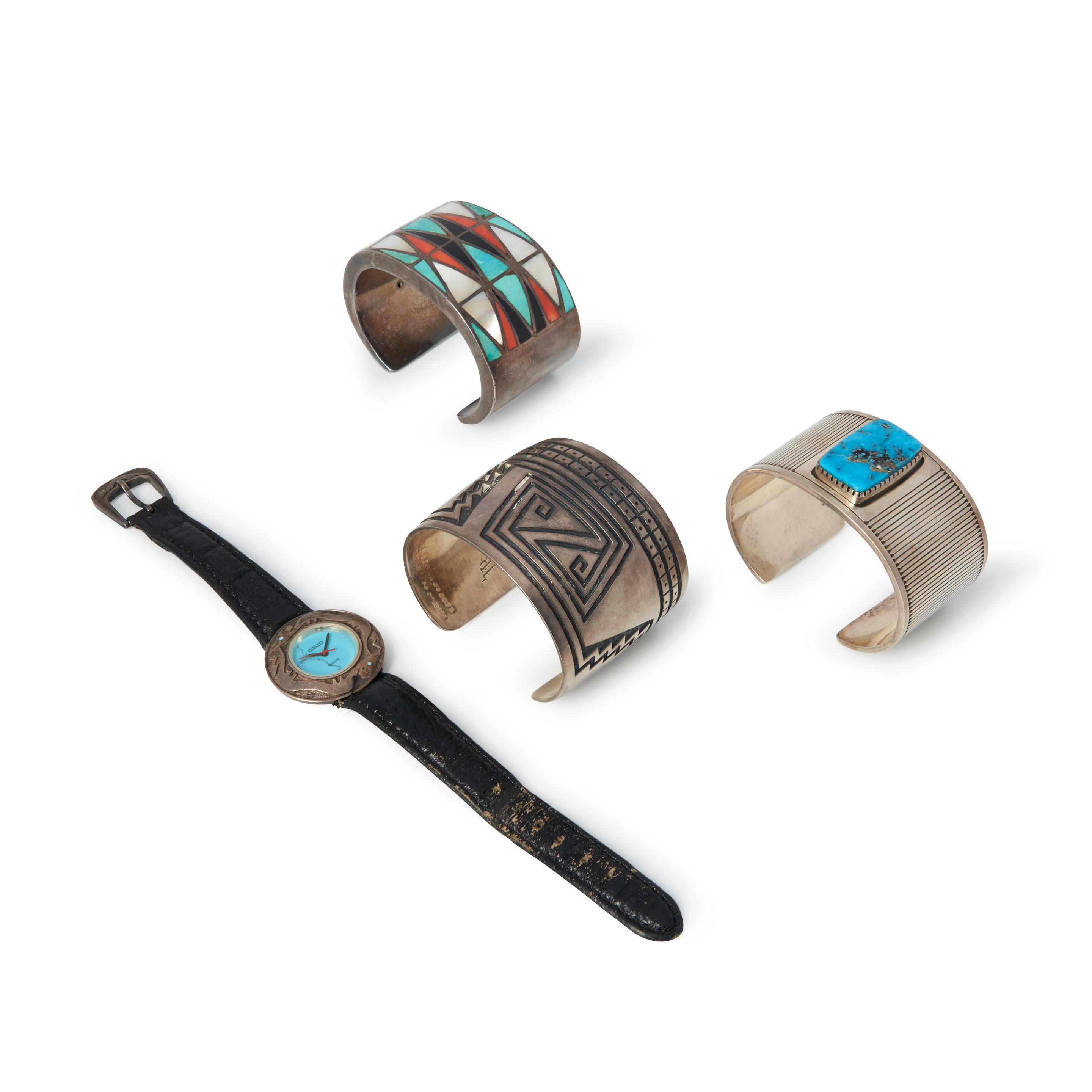 Appraisal: THREE SOUTHWEST CUFF BRACELETS AND WATCH Al Nez Din Navajo