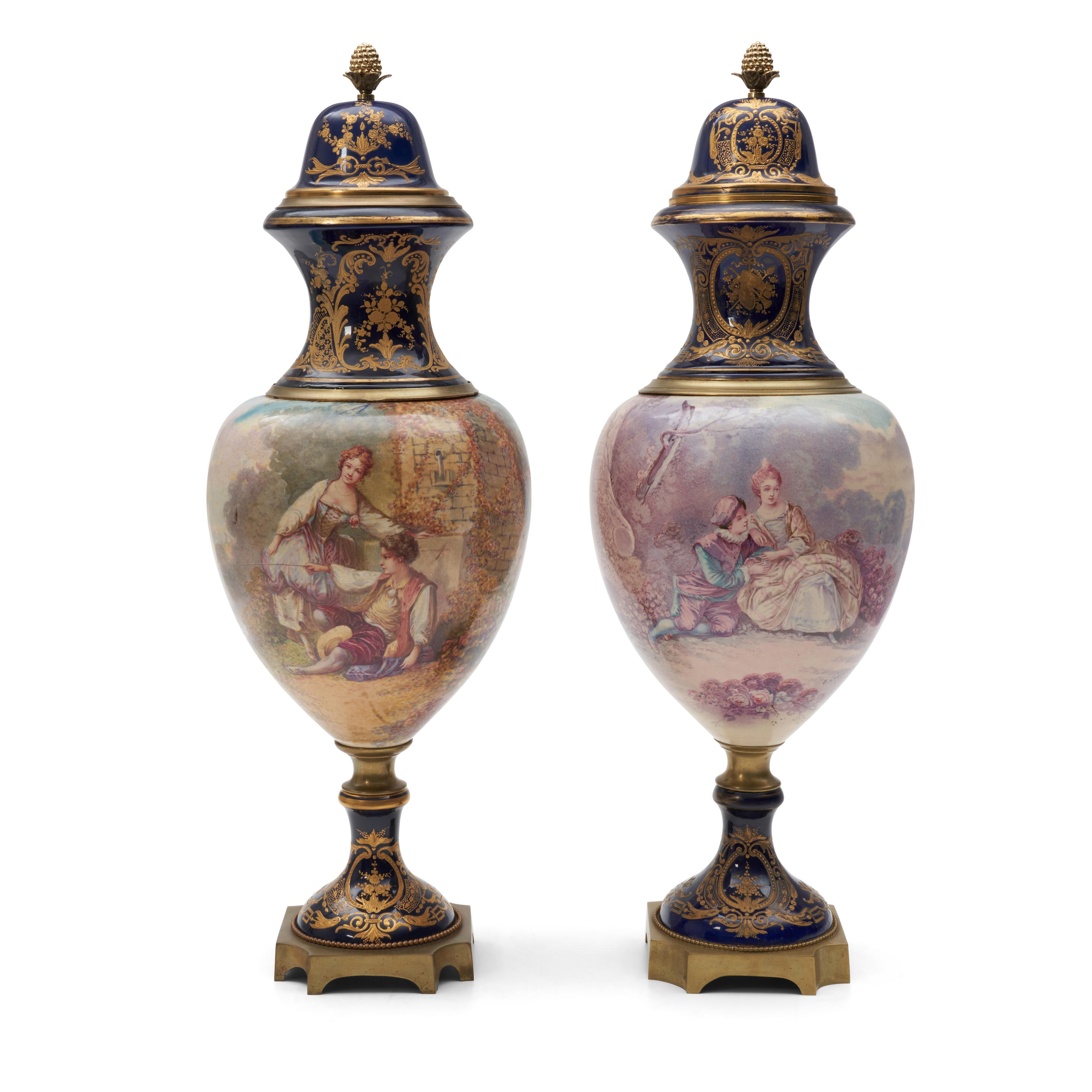 Appraisal: TWO SIMILAR SEVRES-STYLE AND BRONZE MOUNTED HAND PAINTED URNS AND