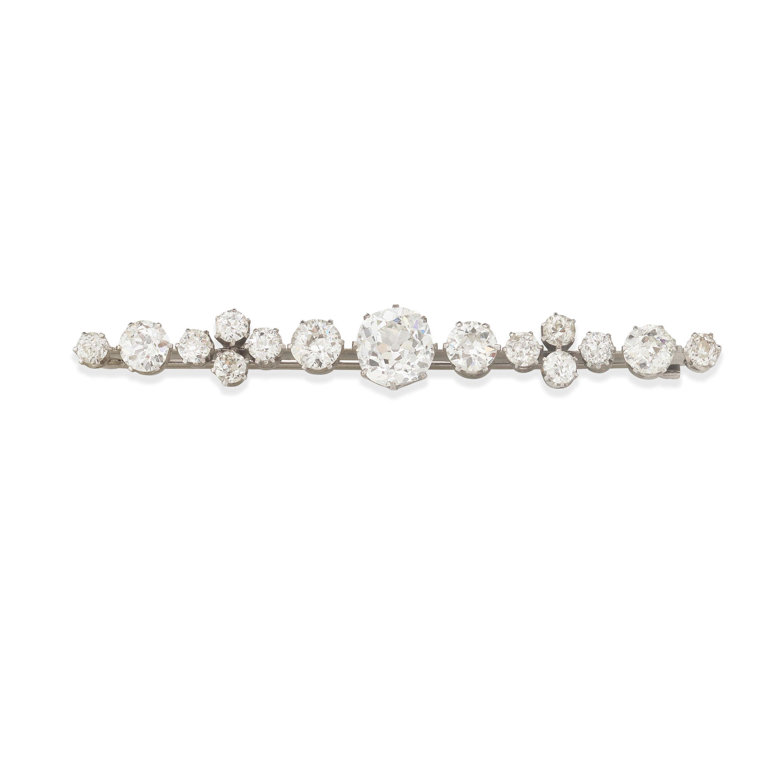 Appraisal: DIAMOND BAR BROOCH Set with cushion-shaped and old brilliant-cut diamonds