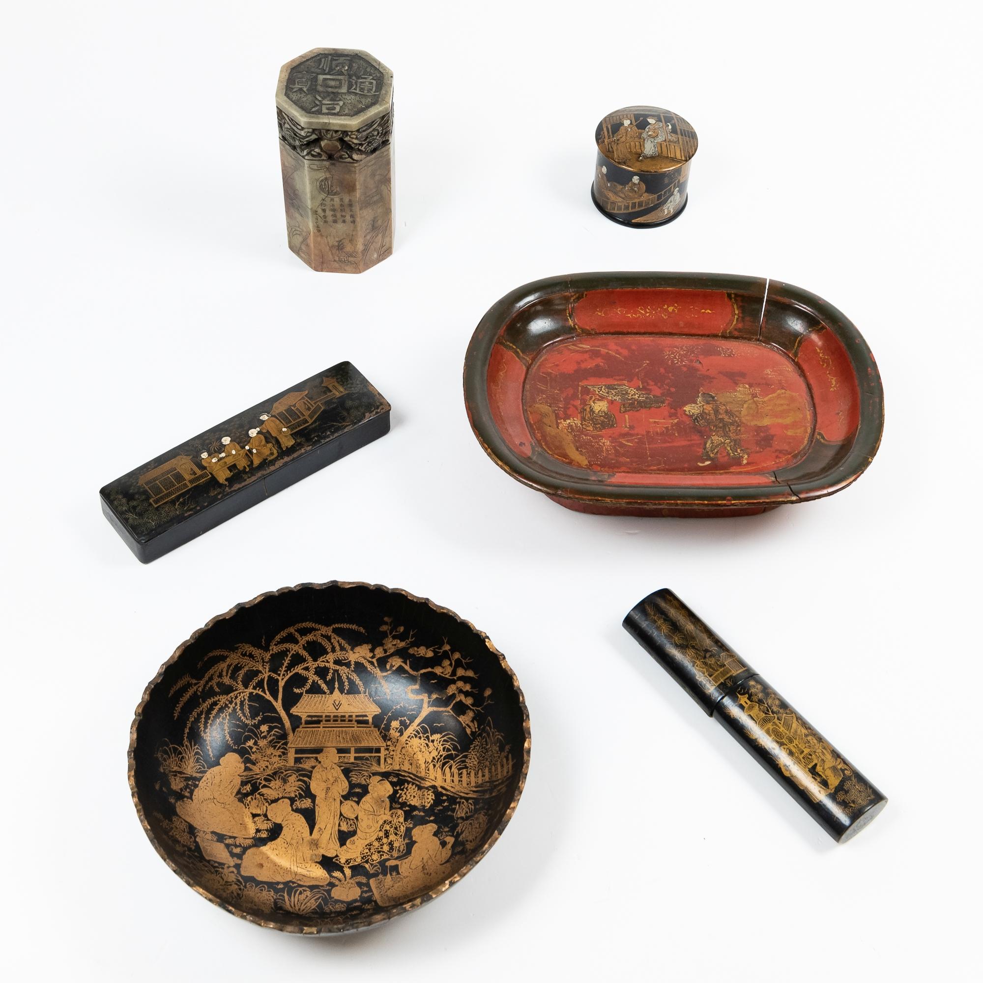 Appraisal: FIVE PIECES OF LACQUERWARE AND A STONE SEAL Japan a