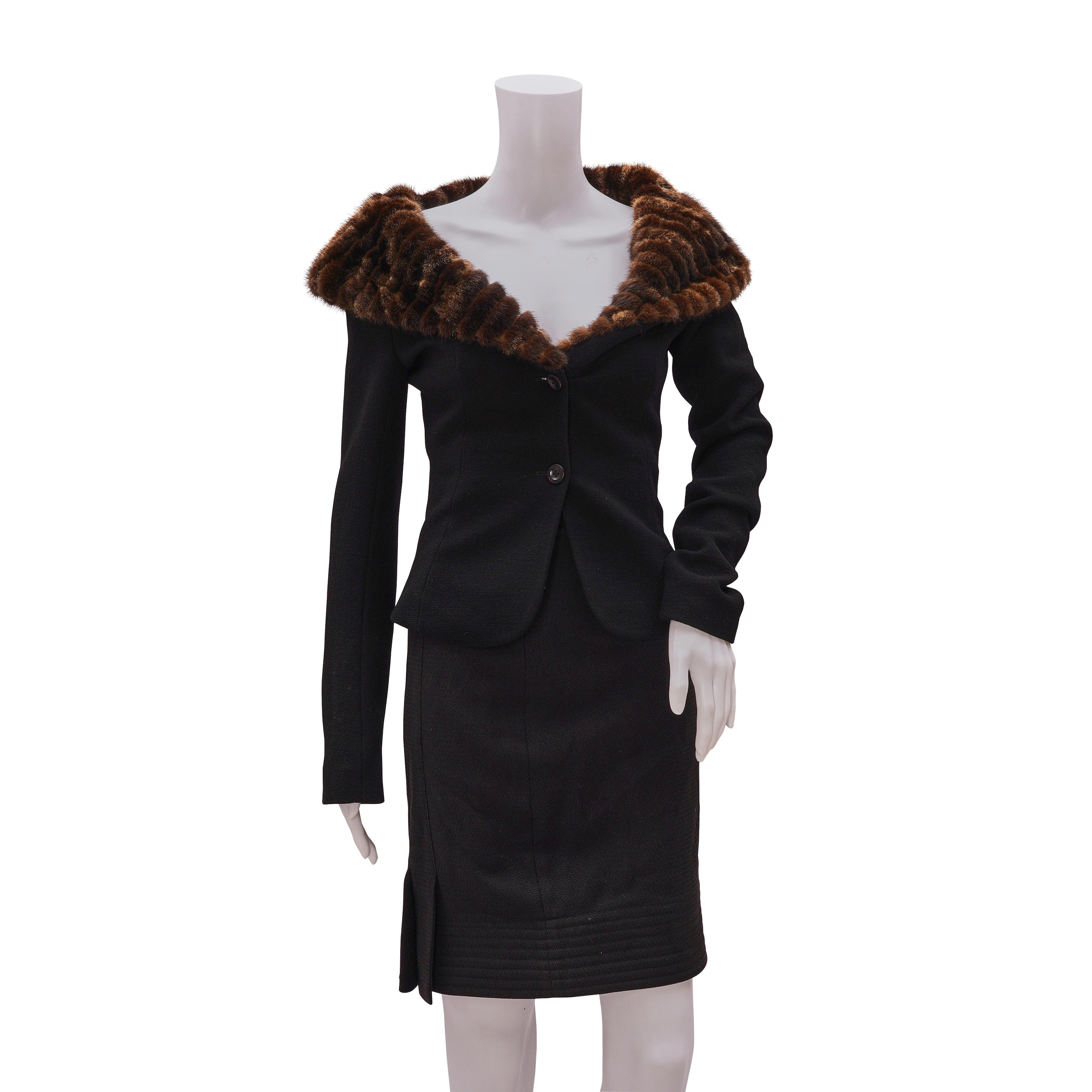 Appraisal: FENDI BLACK COTTON-BLEND ENSEMBLE The jacket with a large mink-lined