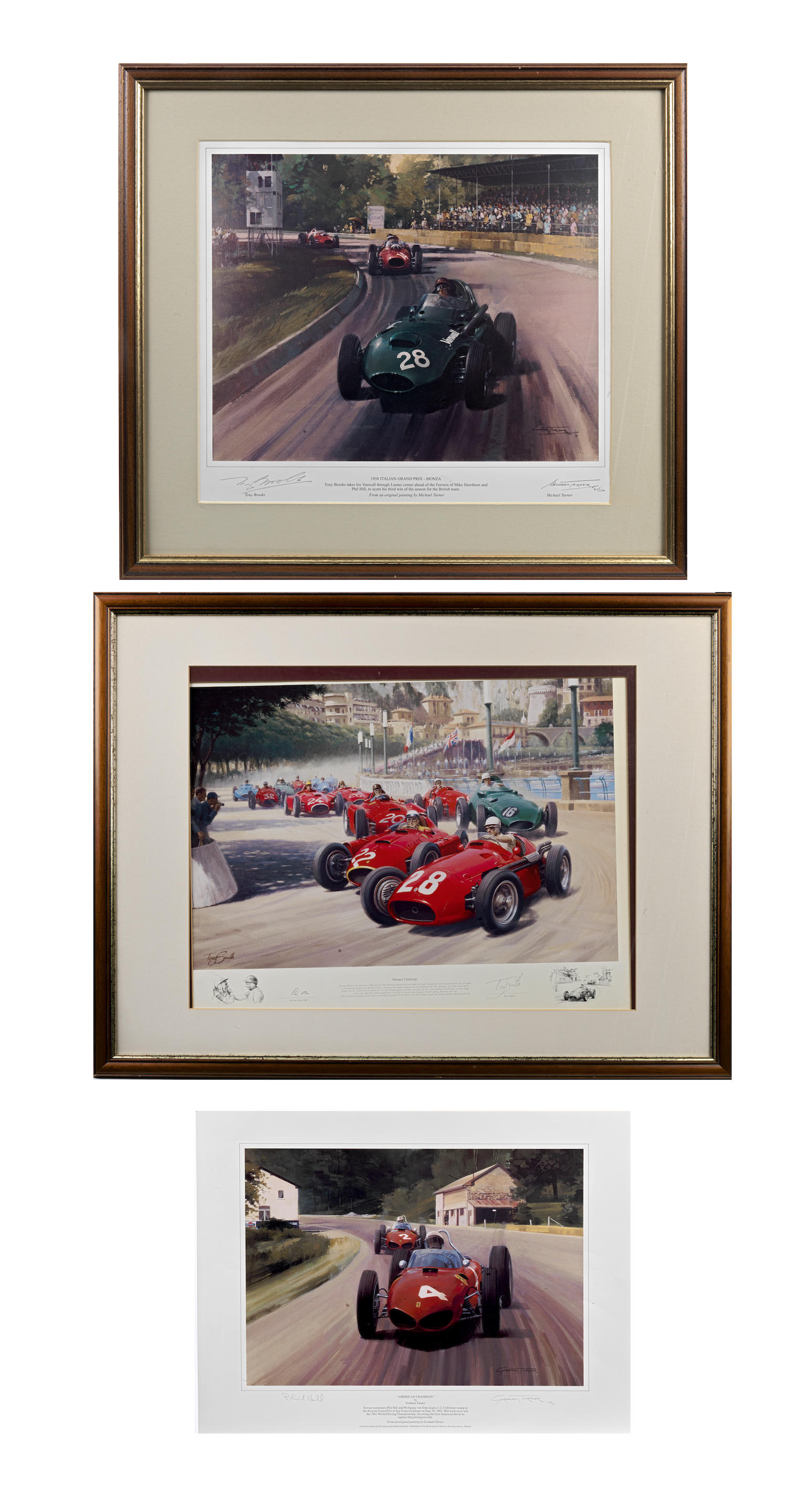 Appraisal: THREE LIMITED EDITION DRIVER SIGNED MOTORSPORT PRINTS each signed by