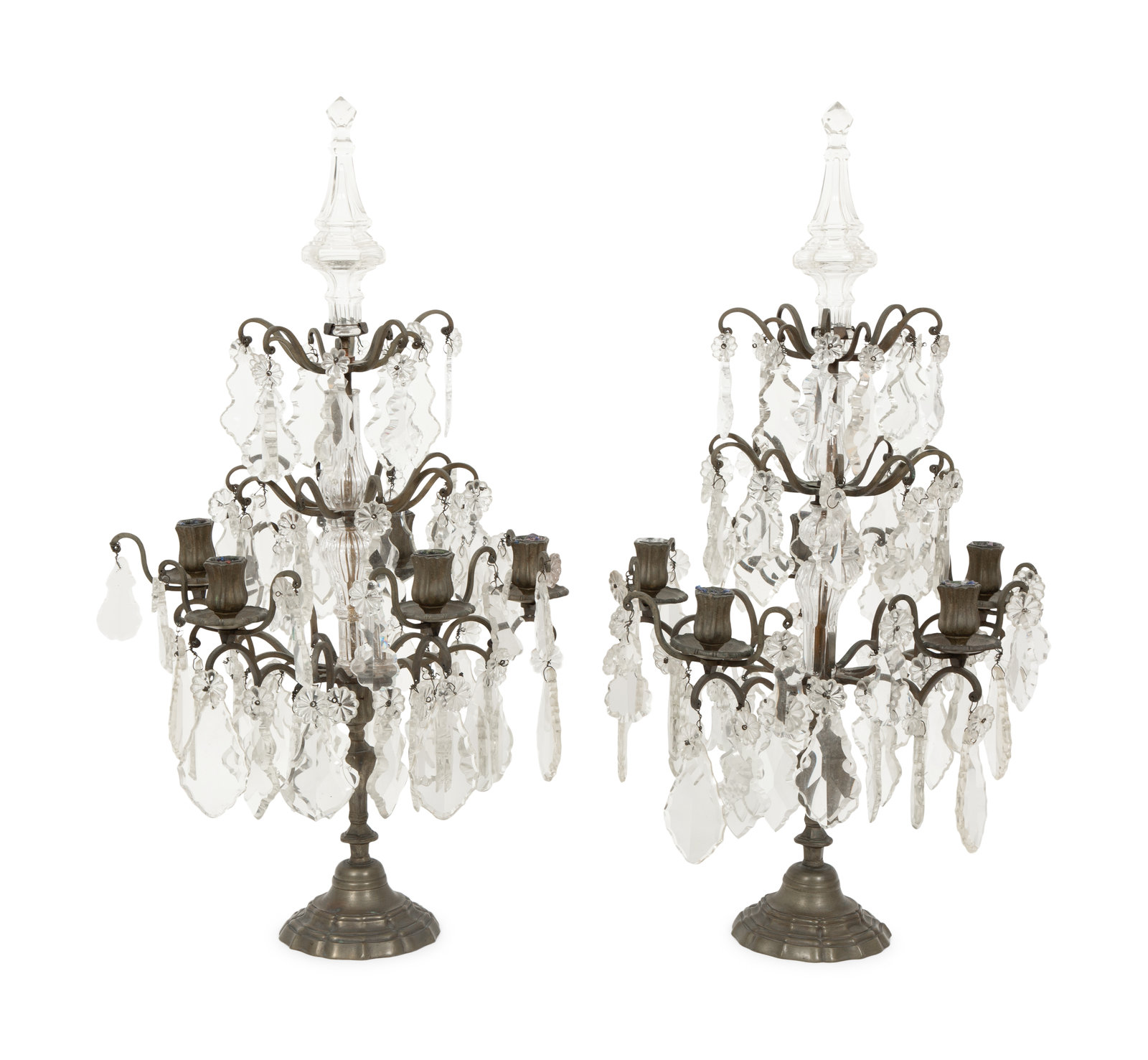 Appraisal: A Pair of French Bronze and Glass Five-Light Girandoles th