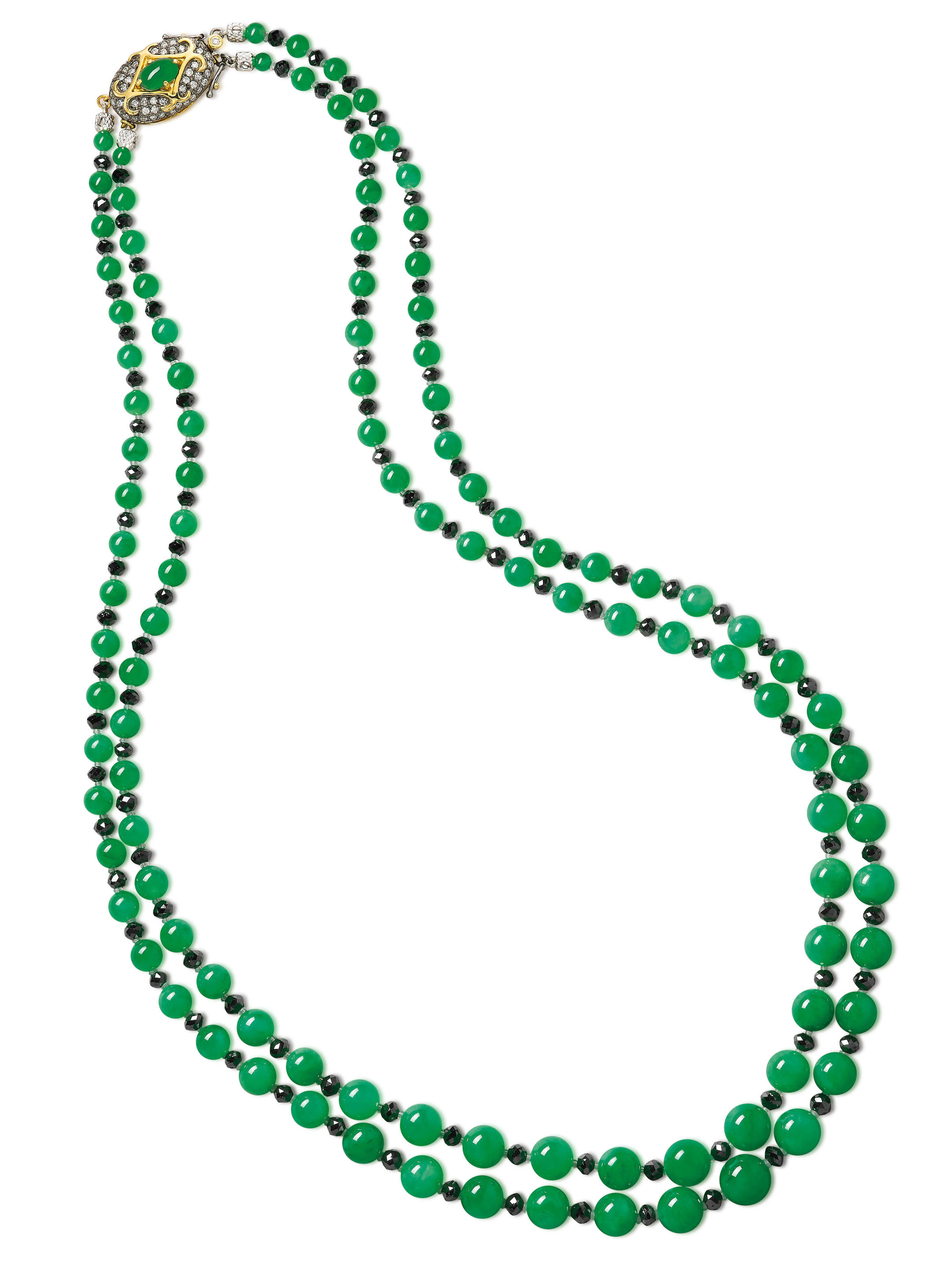 Appraisal: JADEITE BLACK DIAMOND AND DIAMOND NECKLACE The double-row necklace composed