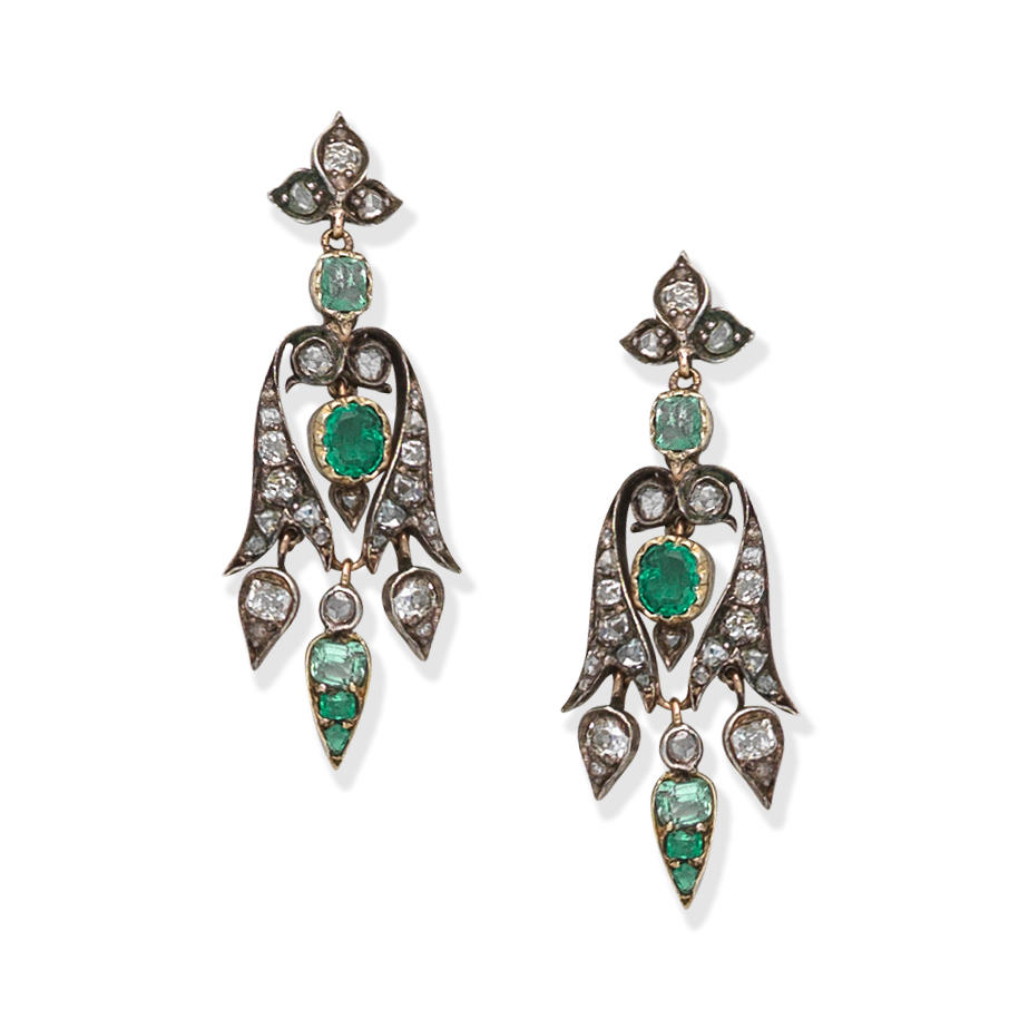 Appraisal: EMERALD AND DIAMOND PENDENT EARRINGS Each set with cushion and