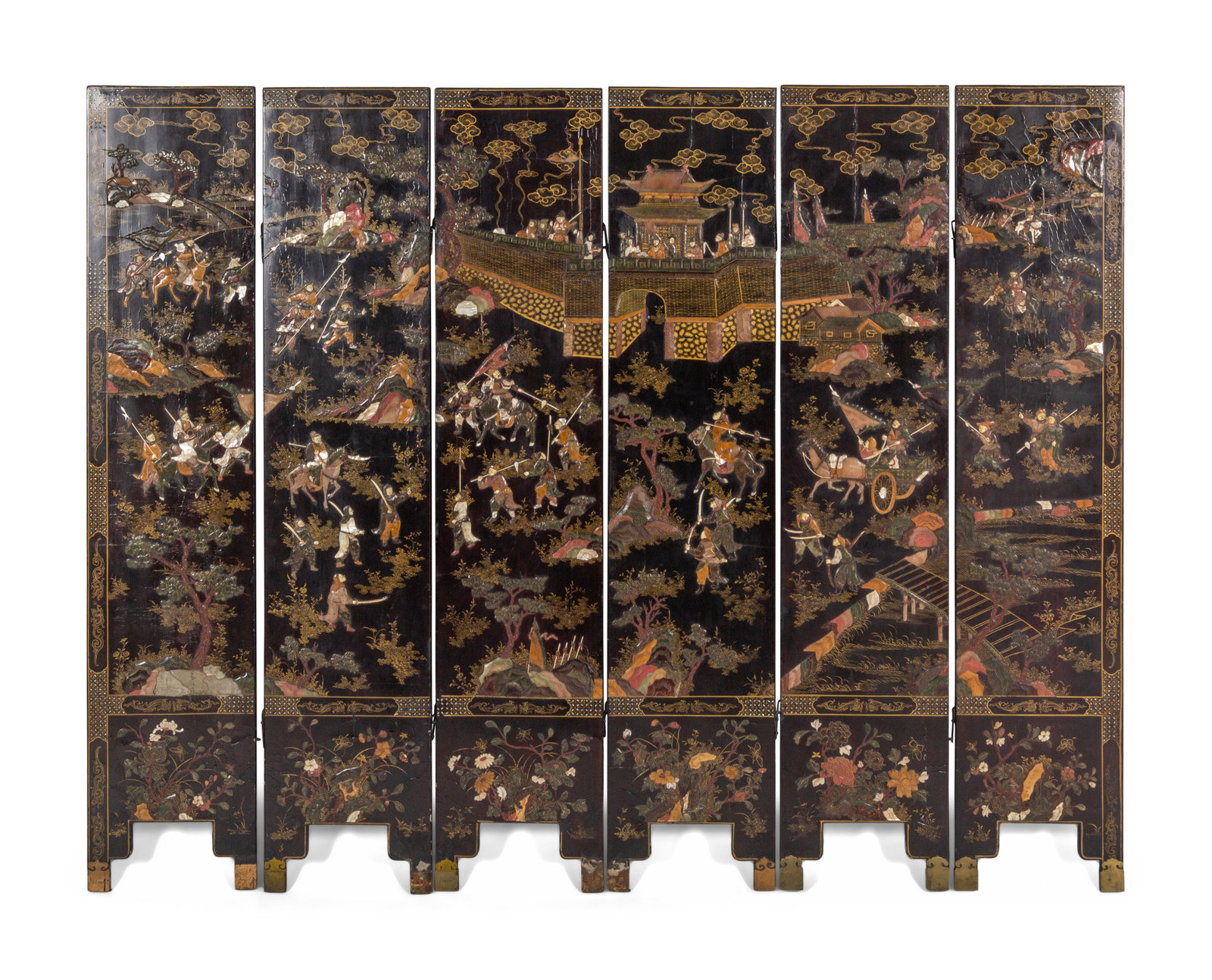 Appraisal: A Chinese Export Lacquer Six-Panel Floor Screen Early th Century