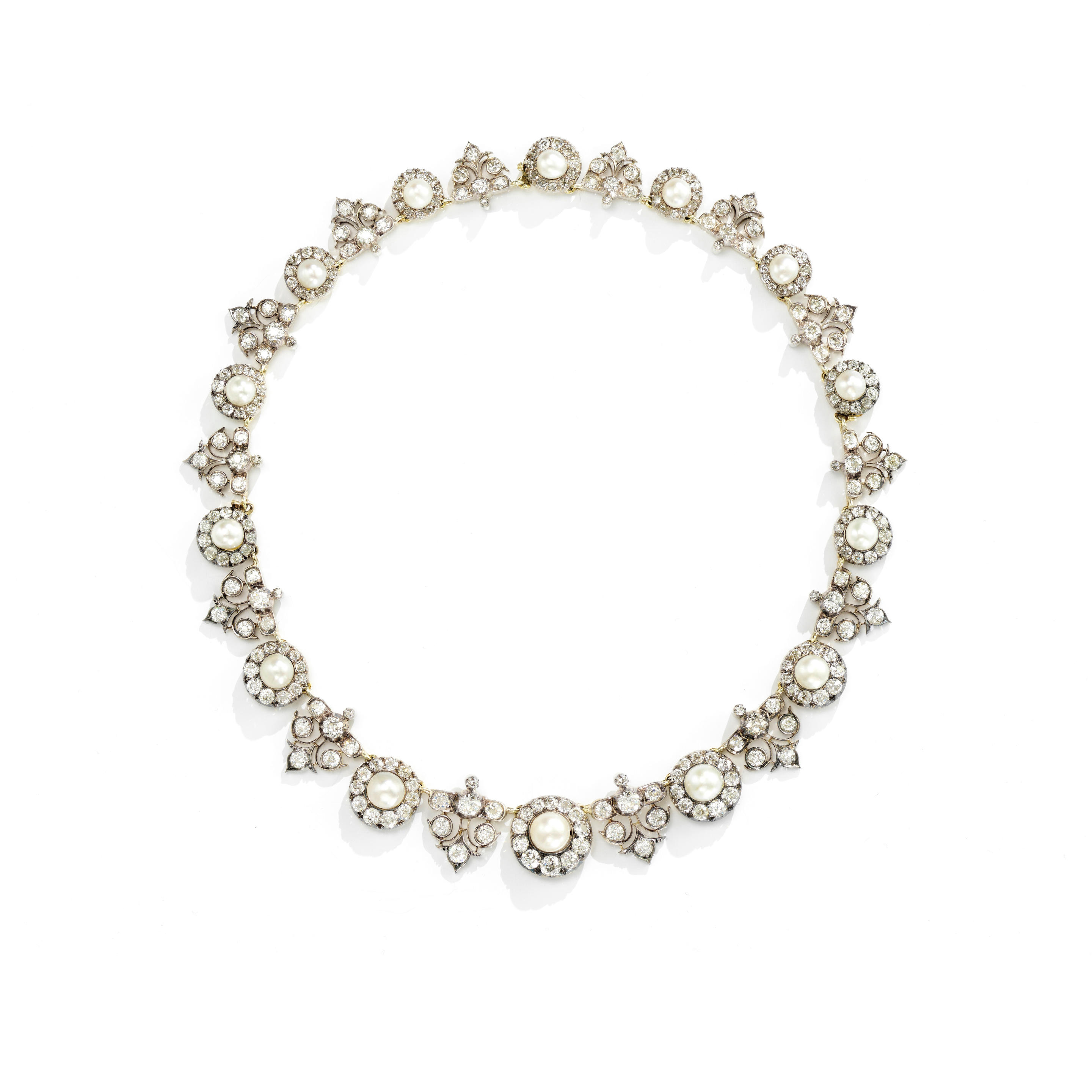 Appraisal: NATURAL PEARL AND DIAMOND NECKLACE BRACELET COMBINATION CIRCA The graduation