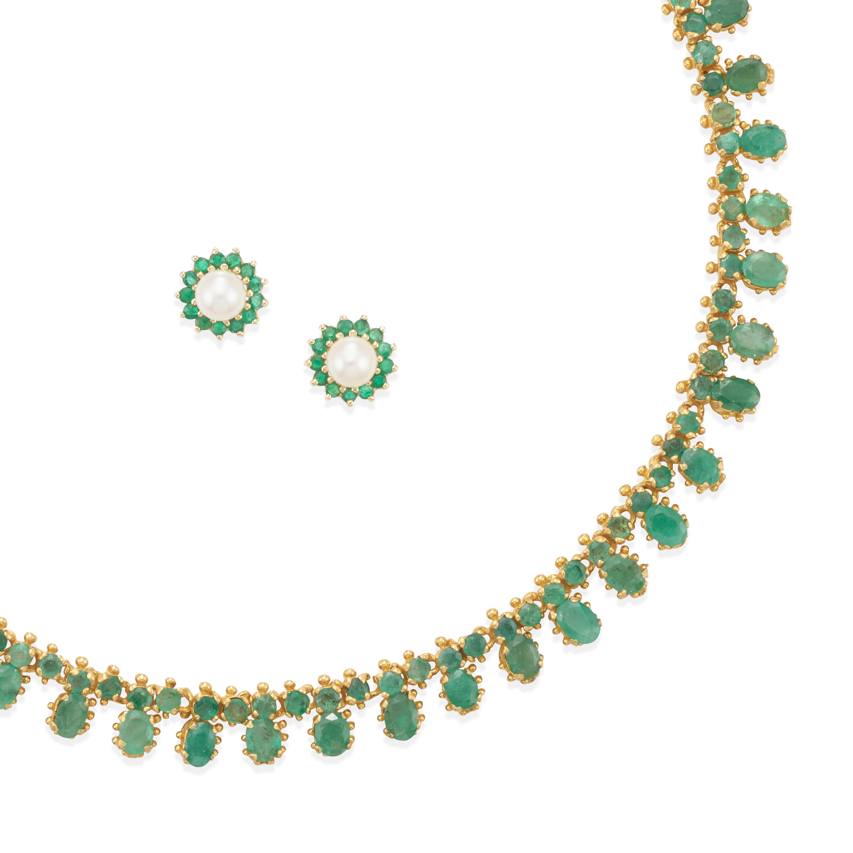 Appraisal: PAIR OF GOLD EMERALD CULTURED PEARL EARRINGS AND NECKLACE Cultured