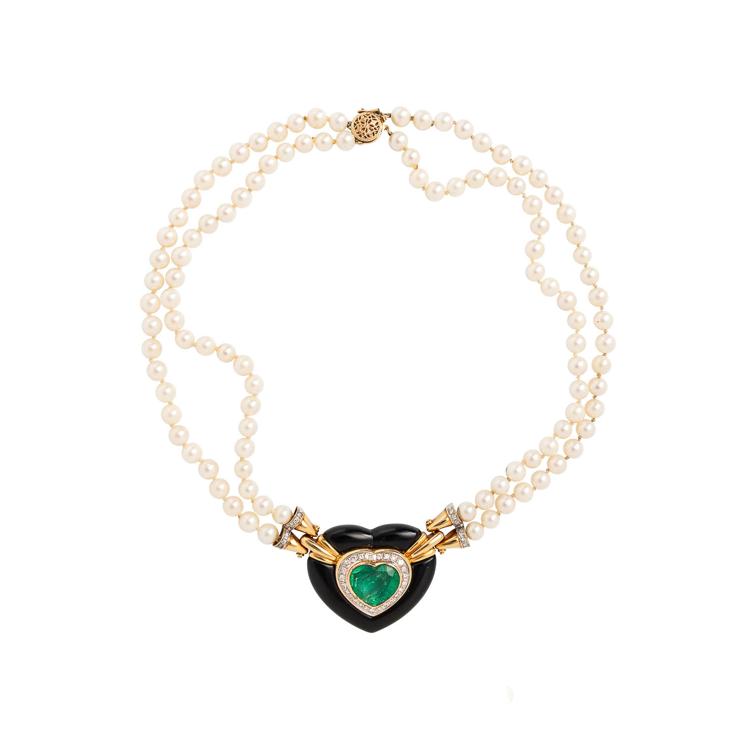 Appraisal: AN K GOLD CULTURED PEARL EMERALD AND ONYX NECKLACE designed