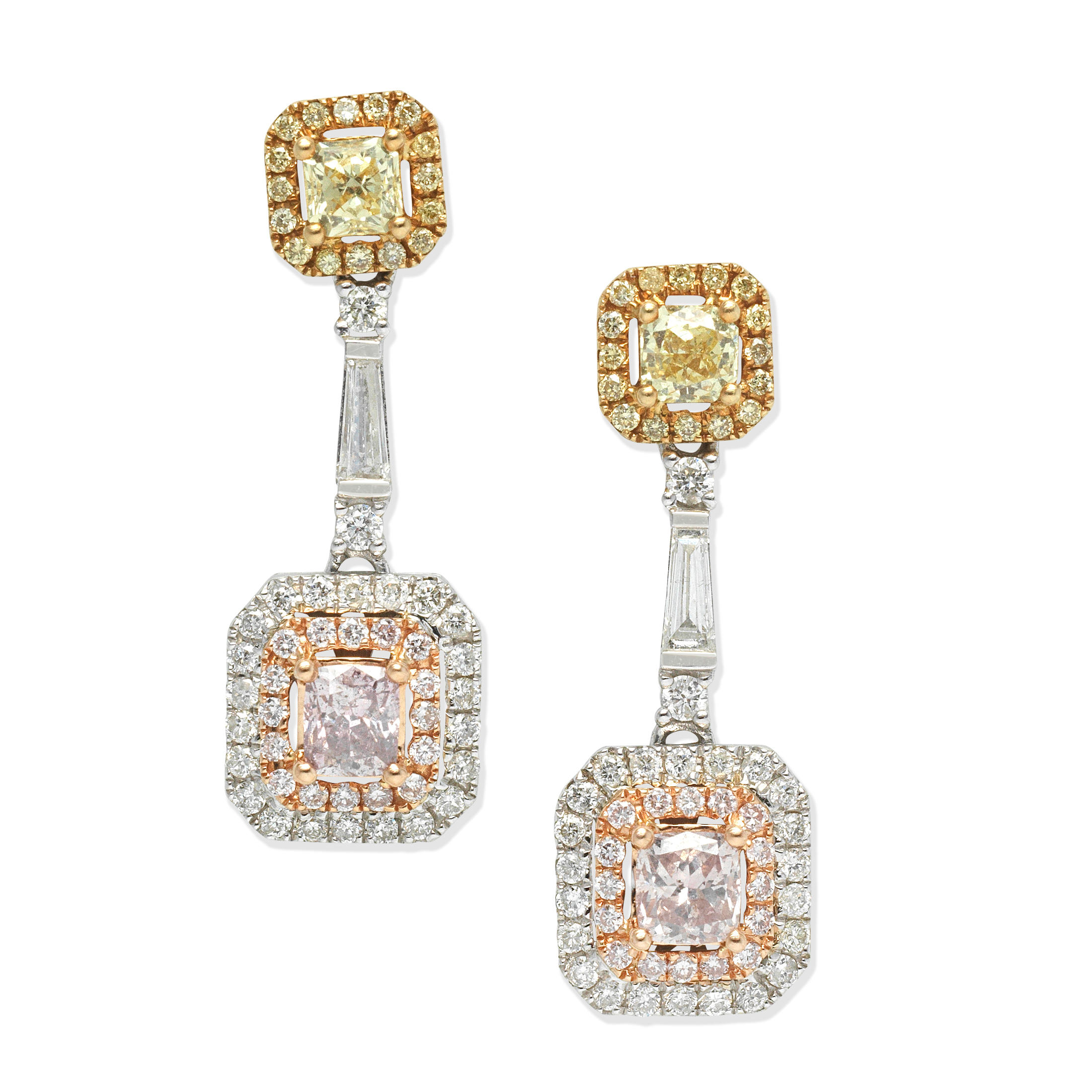 Appraisal: DIAMOND AND COLOURED DIAMOND PENDENT EARRINGS Bicoloured each surmount set